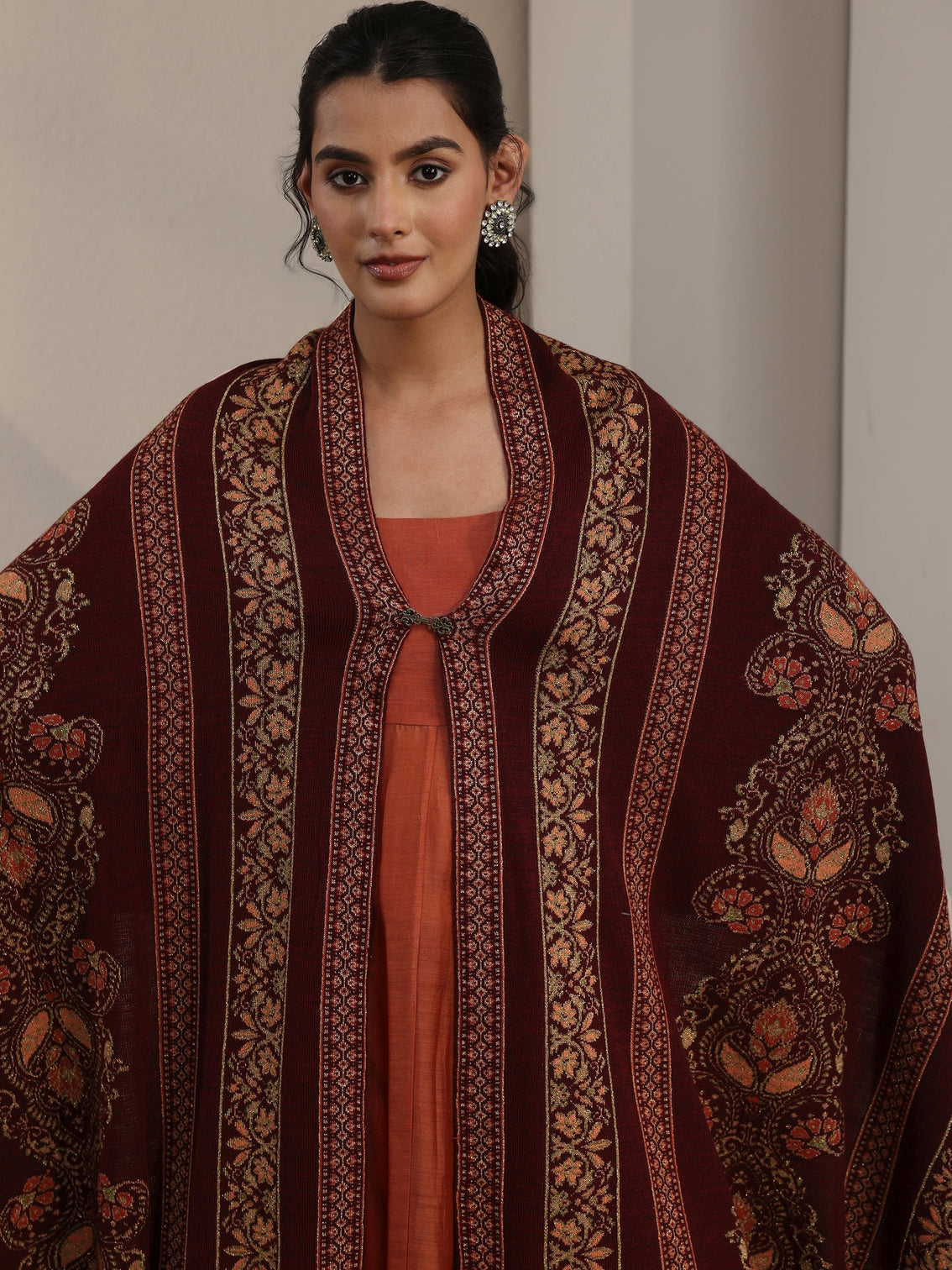 Mameraa Maroon Ethnic Knitted Acrylic Wrap Shawl