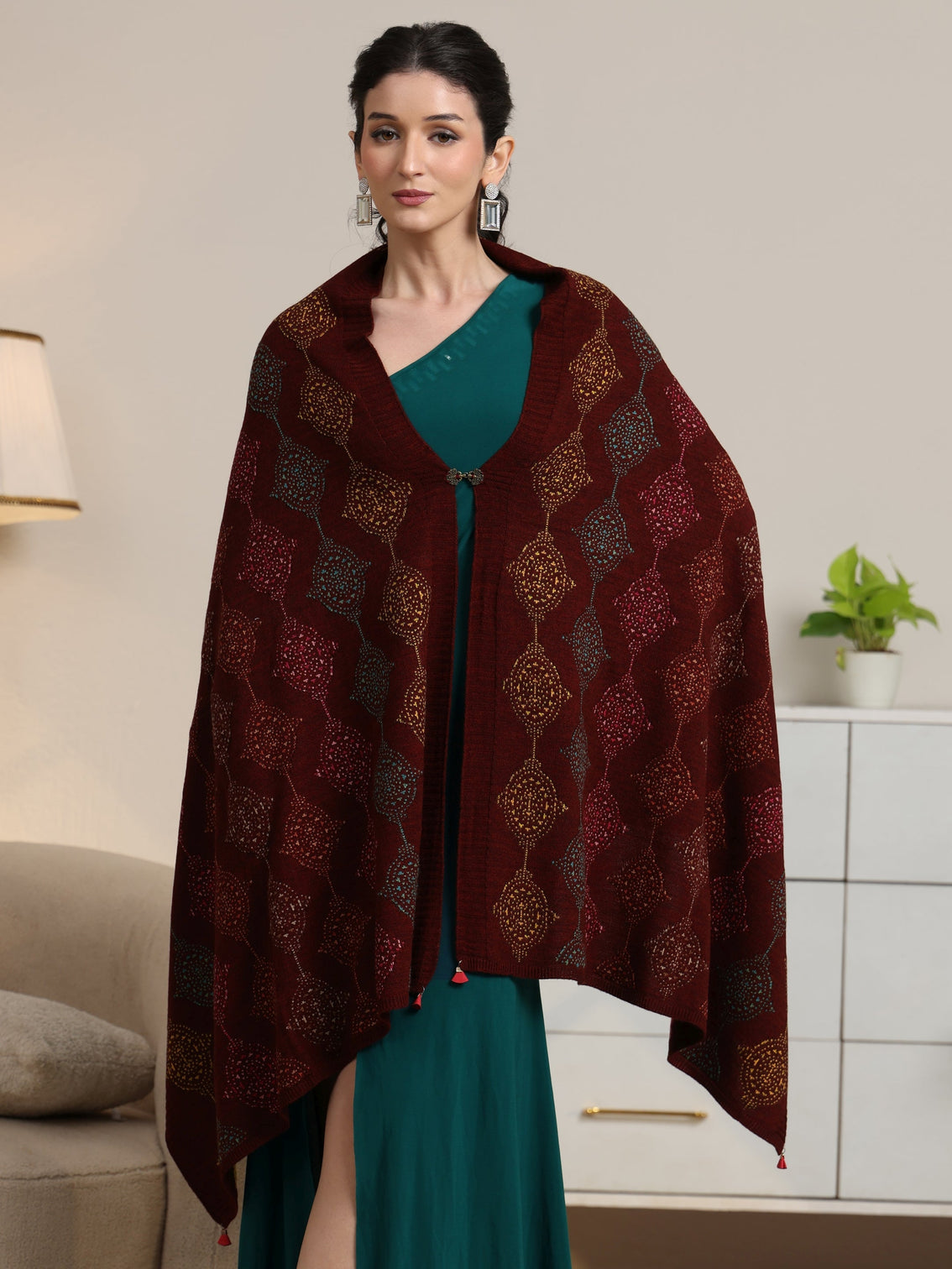 Mameraa Maroon Geometric Knitted Acrylic Wrap Shawl