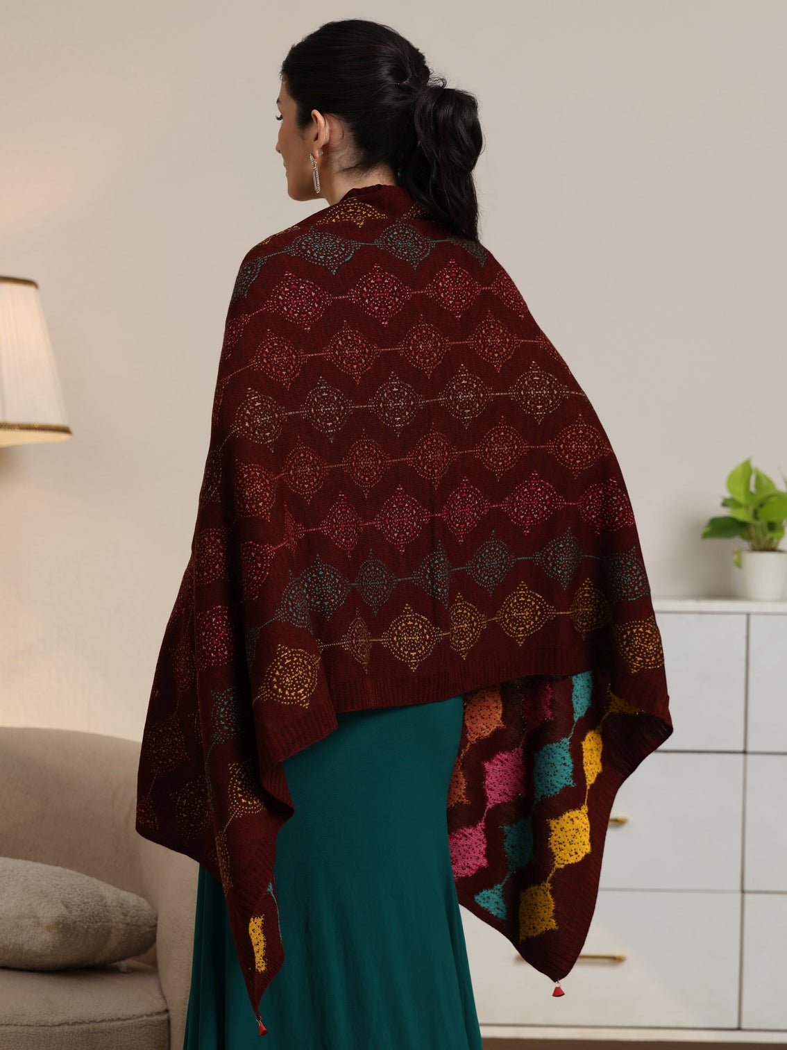 Mameraa Maroon Geometric Knitted Acrylic Wrap Shawl