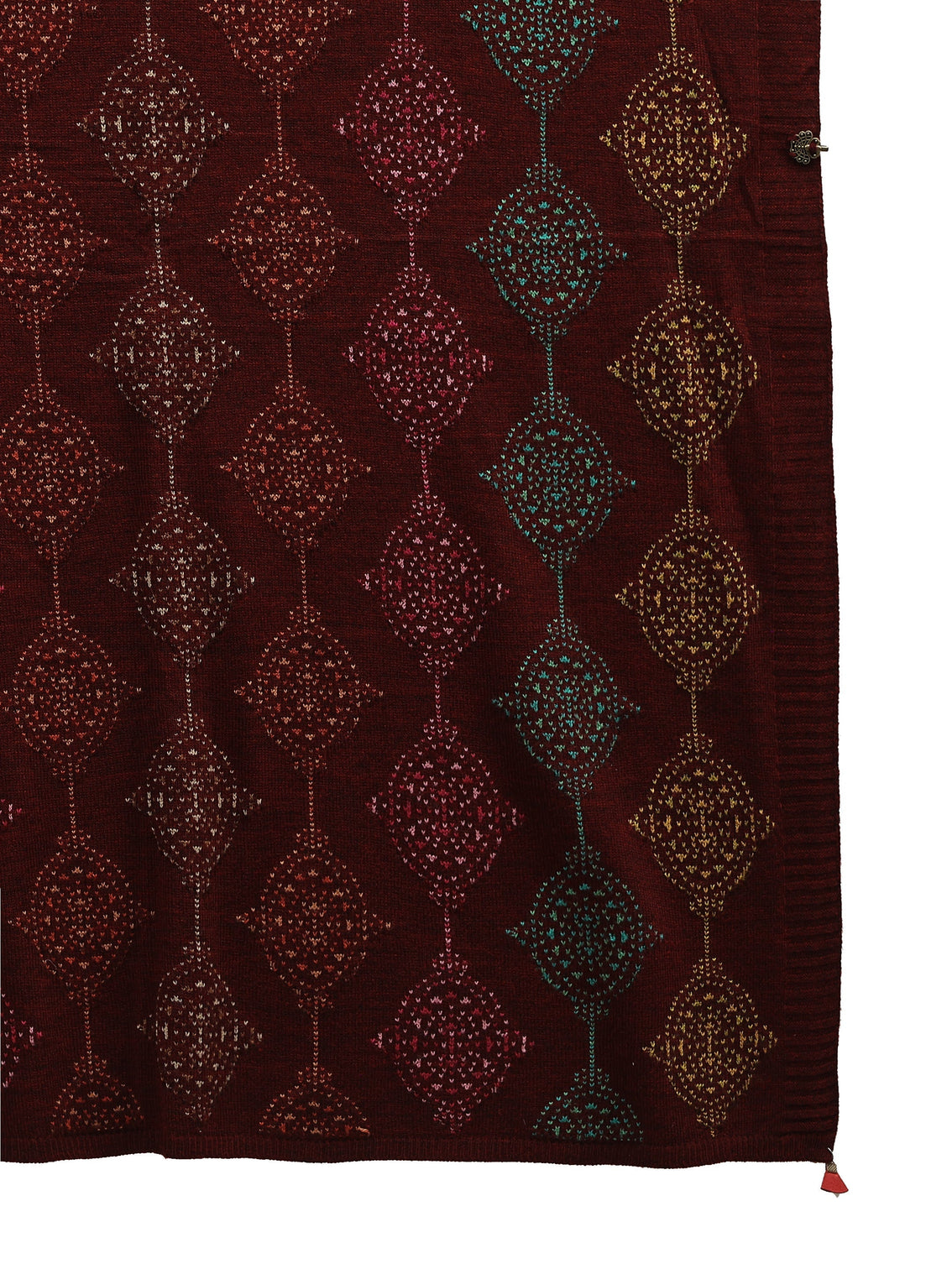 Mameraa Maroon Geometric Knitted Acrylic Wrap Shawl