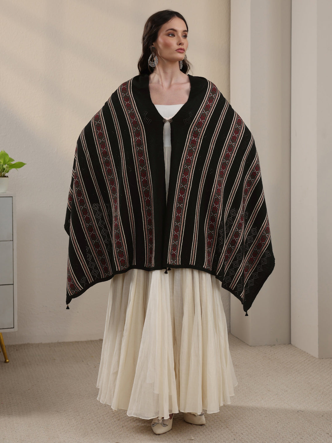Mameraa Black Ethnic Striped Knitted Acrylic Wrap Shawl