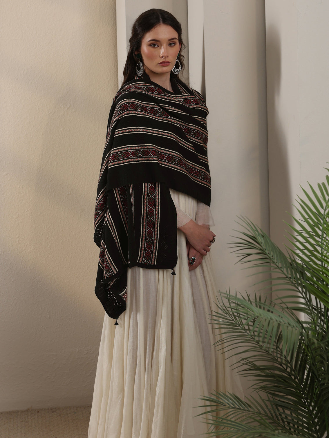 Mameraa Black Ethnic Striped Knitted Acrylic Wrap Shawl