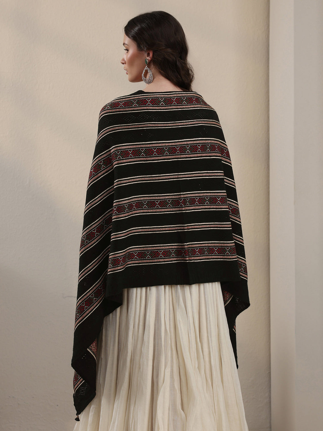Mameraa Black Ethnic Striped Knitted Acrylic Wrap Shawl
