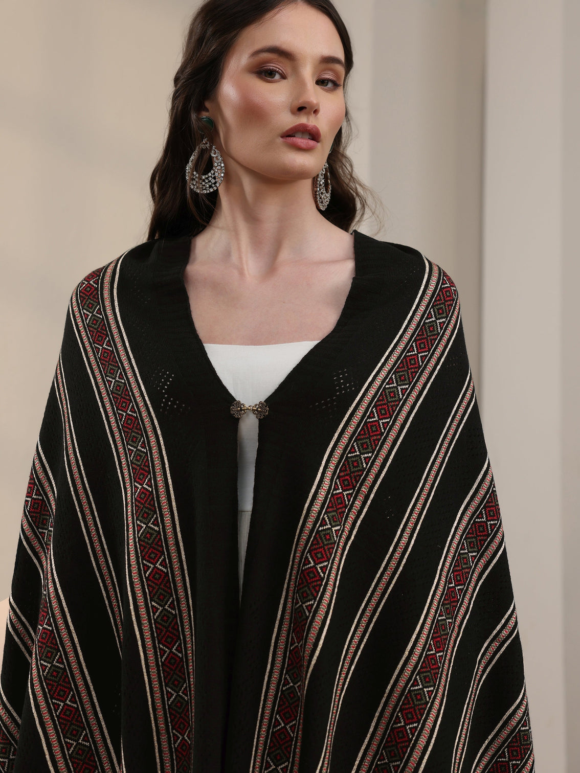 Mameraa Black Ethnic Striped Knitted Acrylic Wrap Shawl