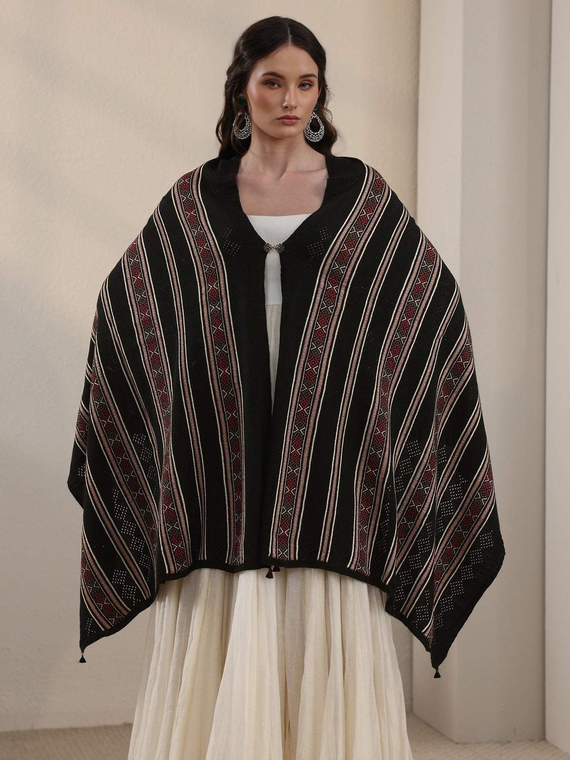 Mameraa Black Ethnic Striped Knitted Acrylic Wrap Shawl