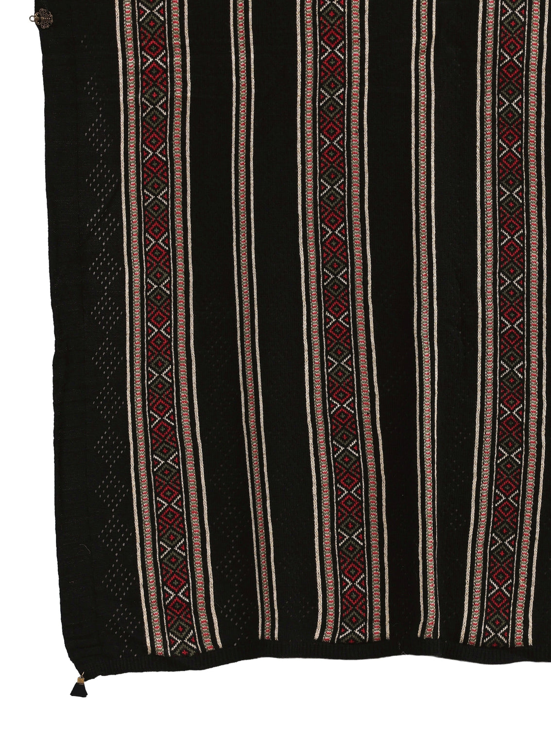 Mameraa Black Ethnic Striped Knitted Acrylic Wrap Shawl