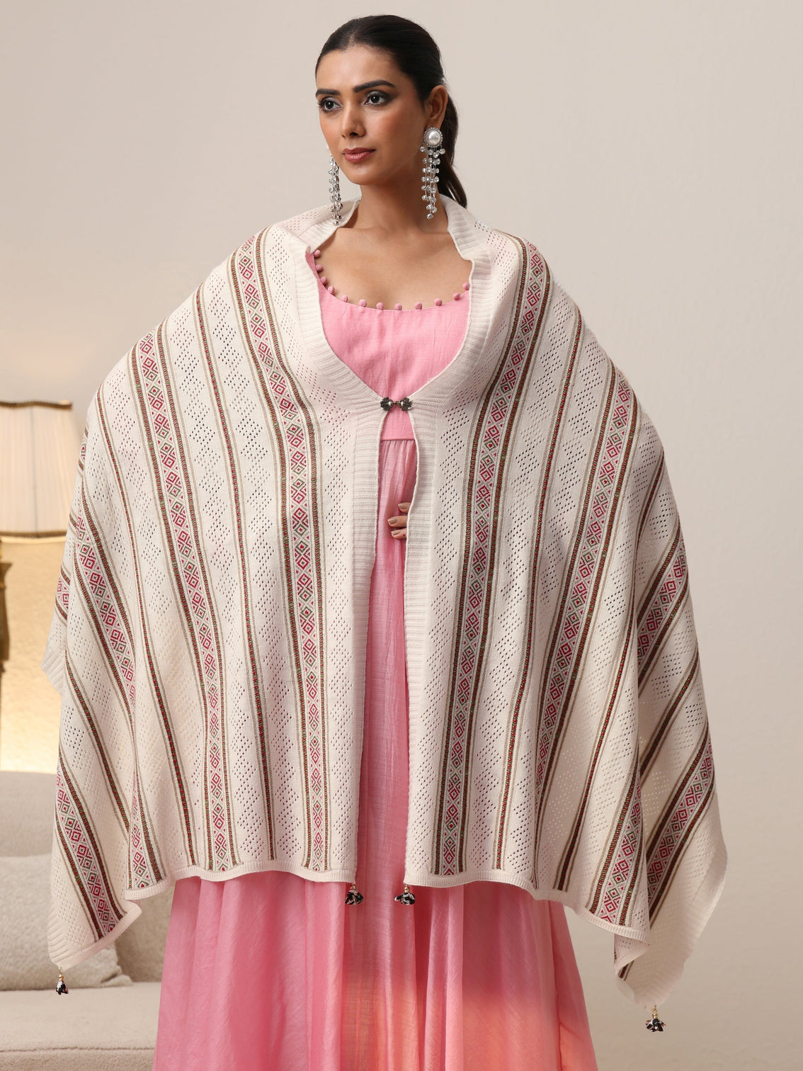 Mameraa White Striped Knitted Acrylic Wrap Shawl