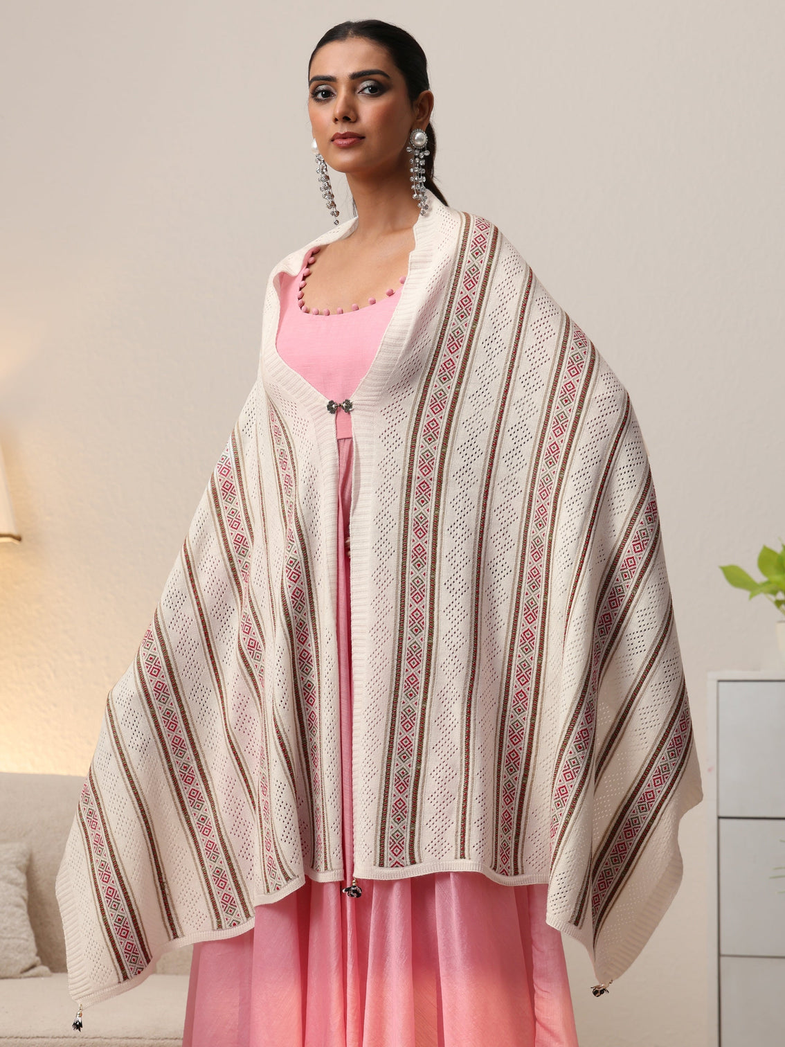 Mameraa White Striped Knitted Acrylic Wrap Shawl