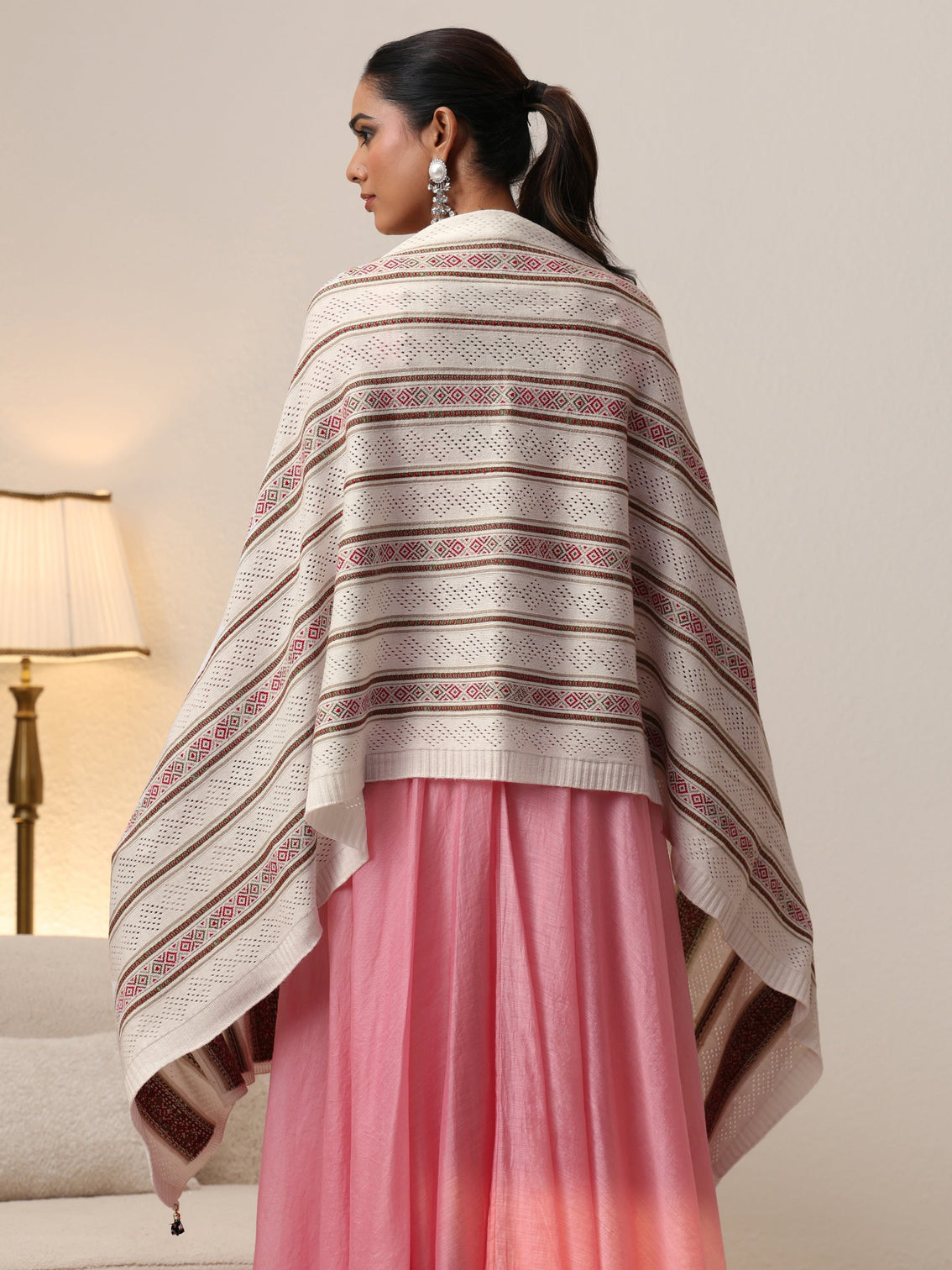 Mameraa White Striped Knitted Acrylic Wrap Shawl
