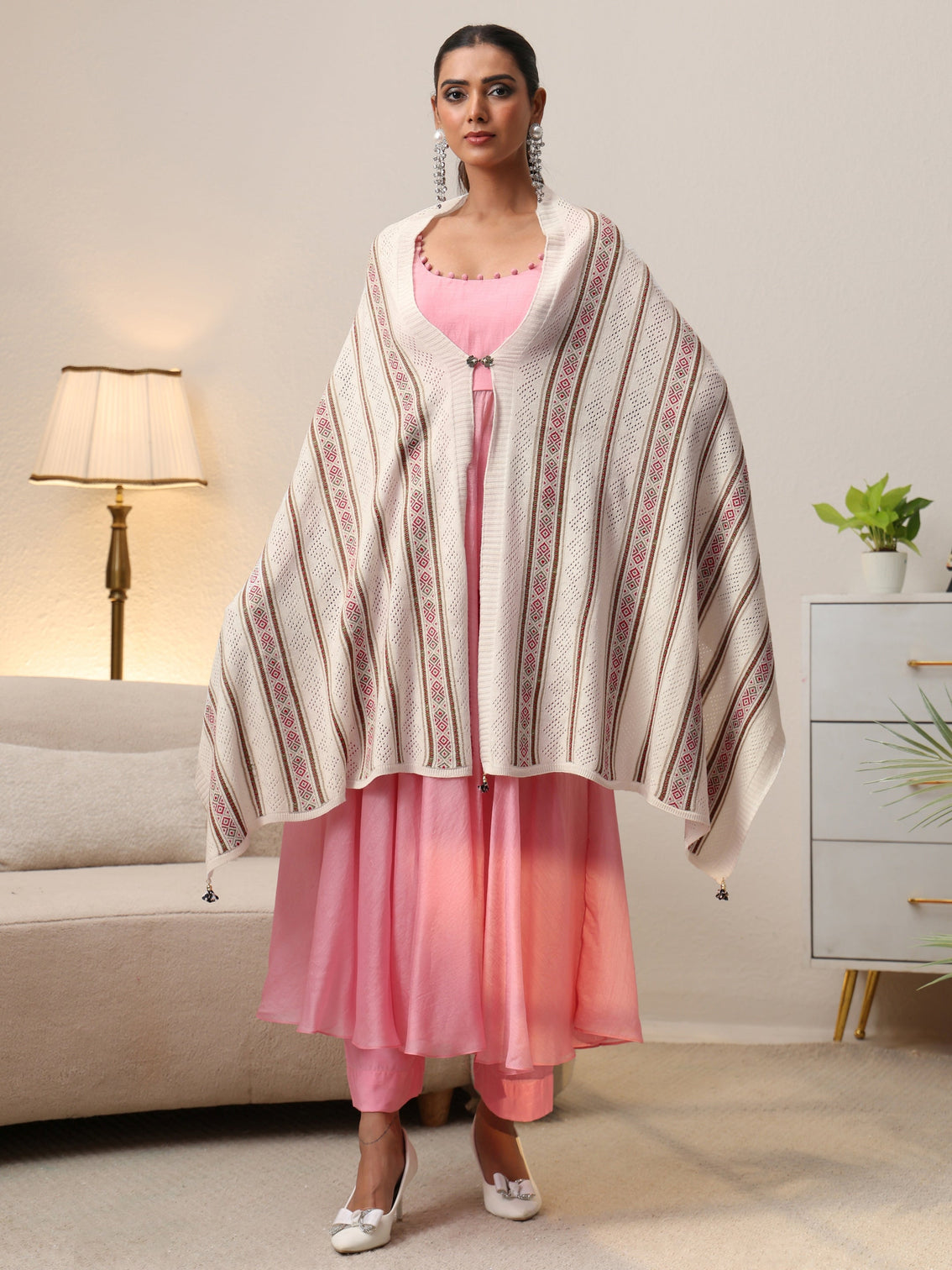 Mameraa White Striped Knitted Acrylic Wrap Shawl