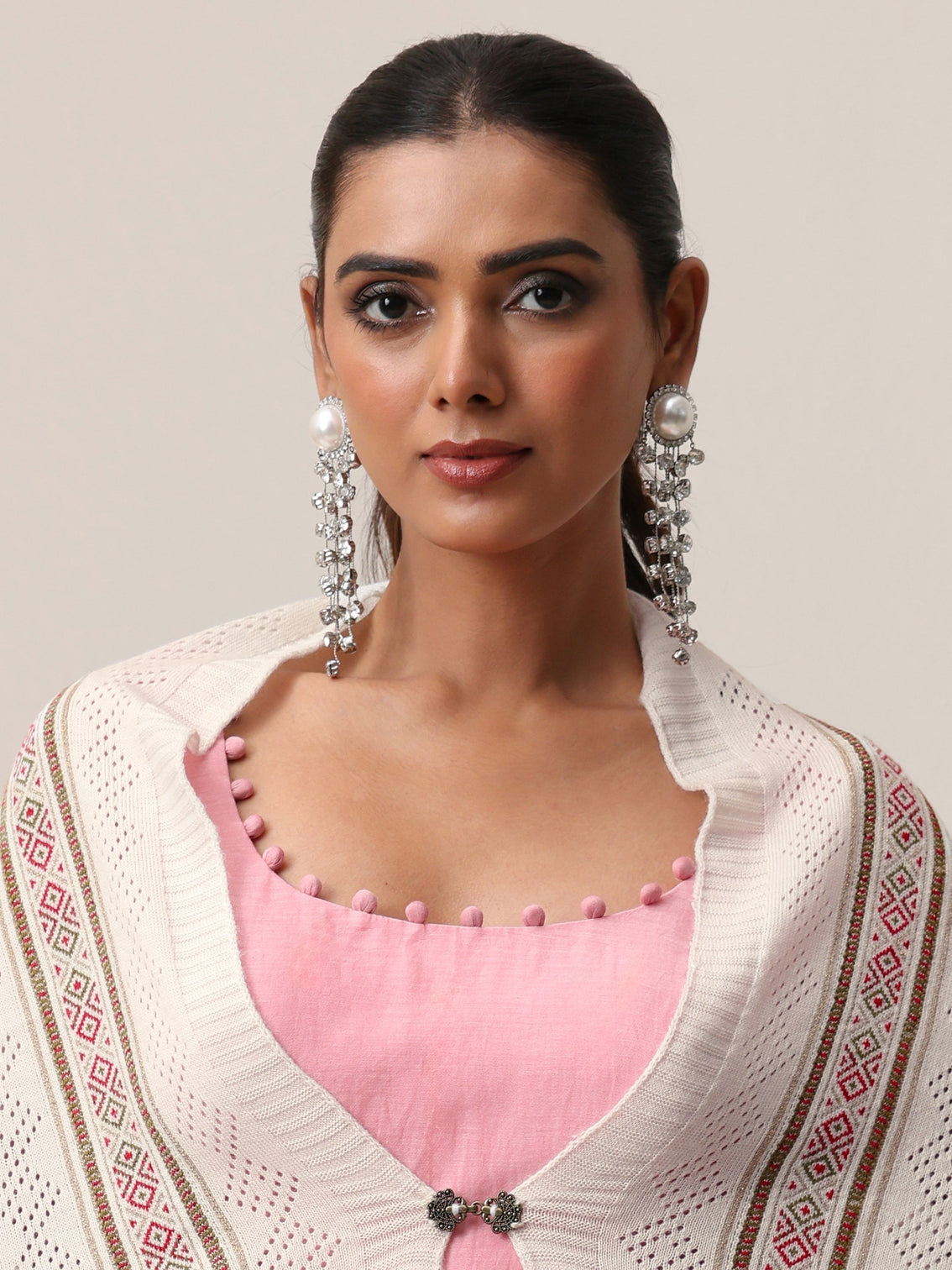 Mameraa White Striped Knitted Acrylic Wrap Shawl