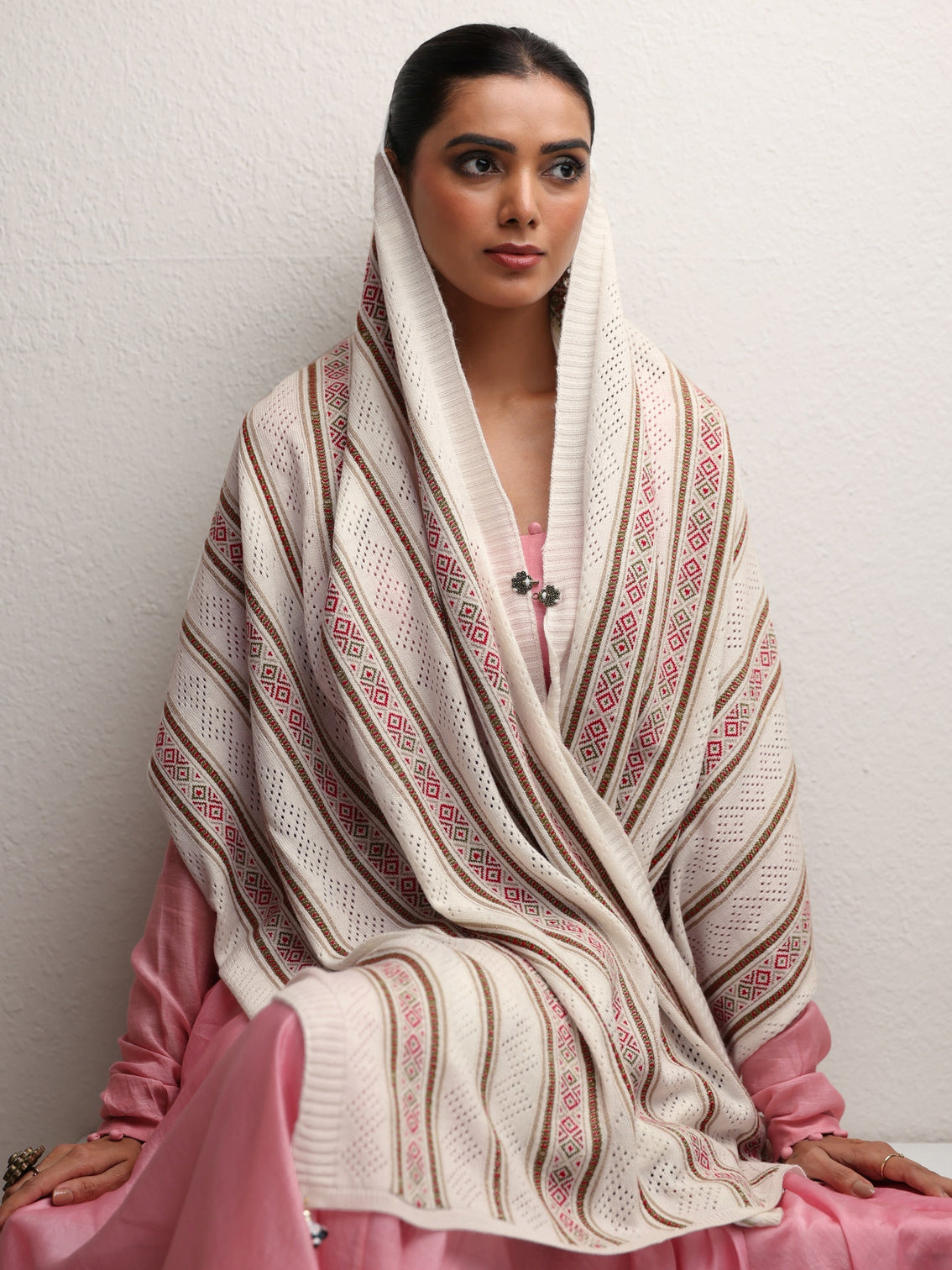 Mameraa White Striped Knitted Acrylic Wrap Shawl