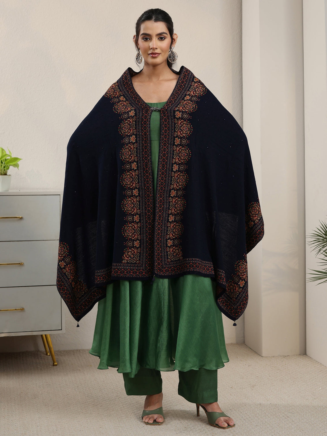Mameraa Navy Blue Ethnic Knitted Acrylic Wrap Shawl