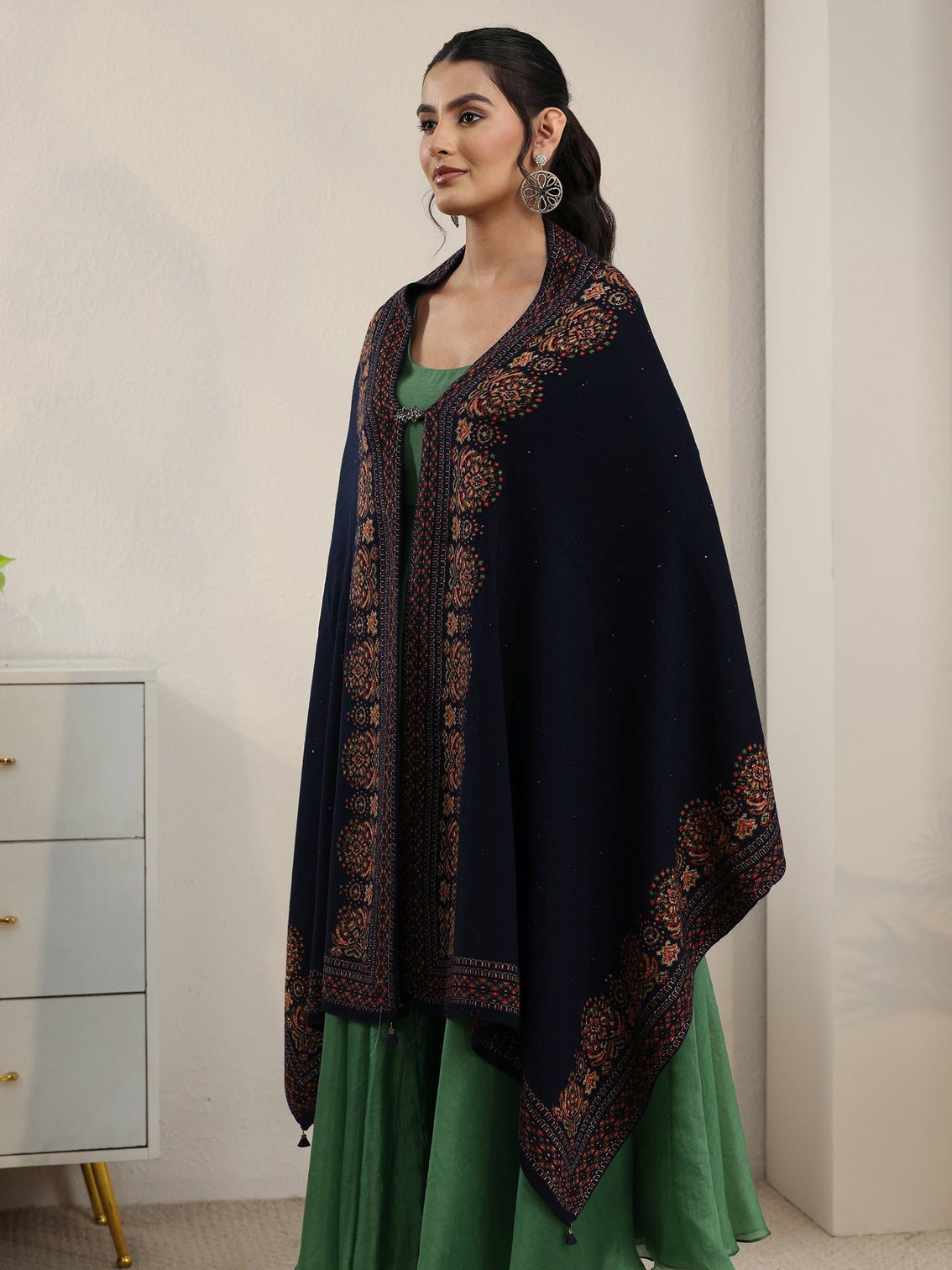 Mameraa Navy Blue Ethnic Knitted Acrylic Wrap Shawl