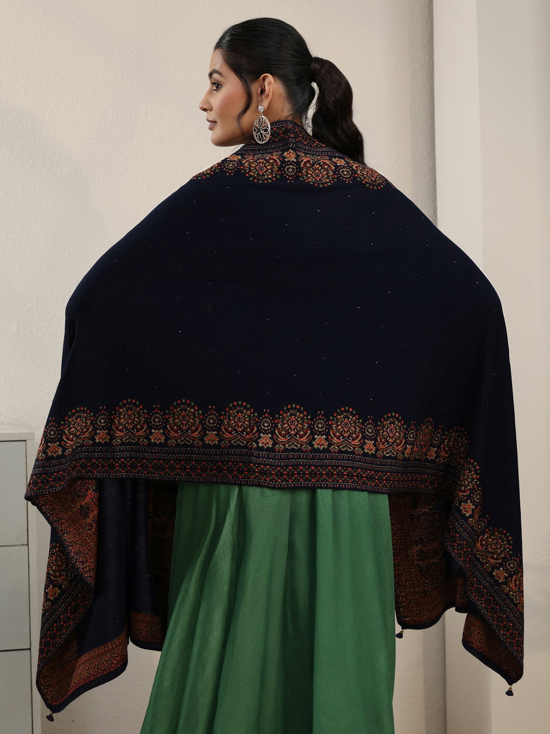 Mameraa Navy Blue Ethnic Knitted Acrylic Wrap Shawl