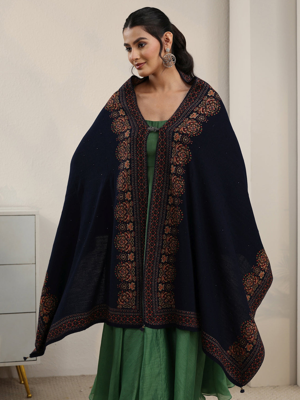 Mameraa Navy Blue Ethnic Knitted Acrylic Wrap Shawl