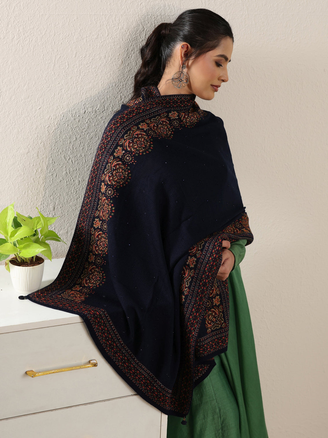 Mameraa Navy Blue Ethnic Knitted Acrylic Wrap Shawl