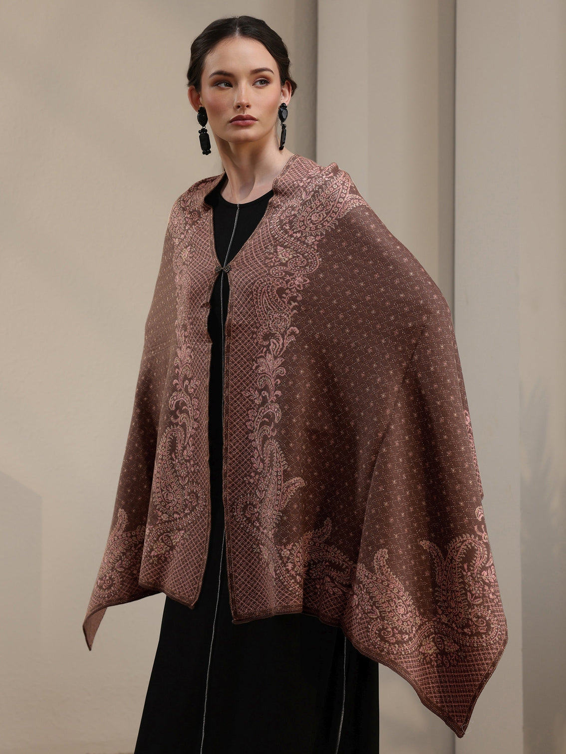 Mameraa Brown Paisley Knitted Acrylic Wrap Shawl