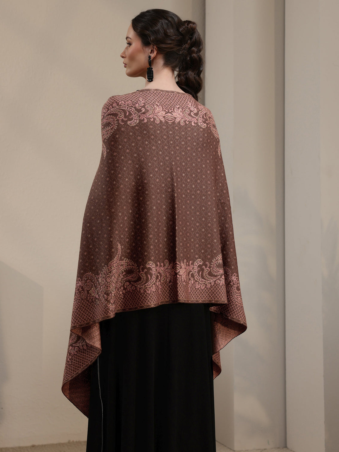 Mameraa Brown Paisley Knitted Acrylic Wrap Shawl