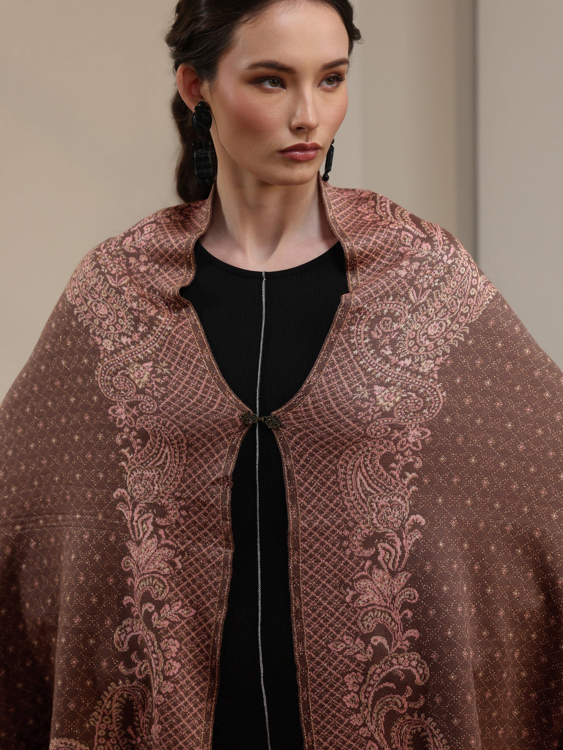 Mameraa Brown Paisley Knitted Acrylic Wrap Shawl
