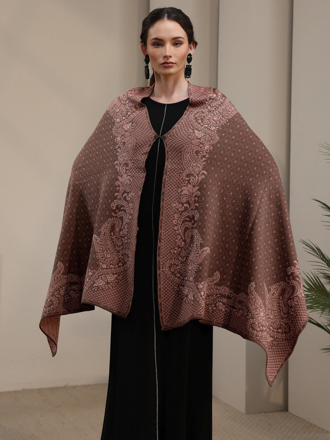 Mameraa Brown Paisley Knitted Acrylic Wrap Shawl