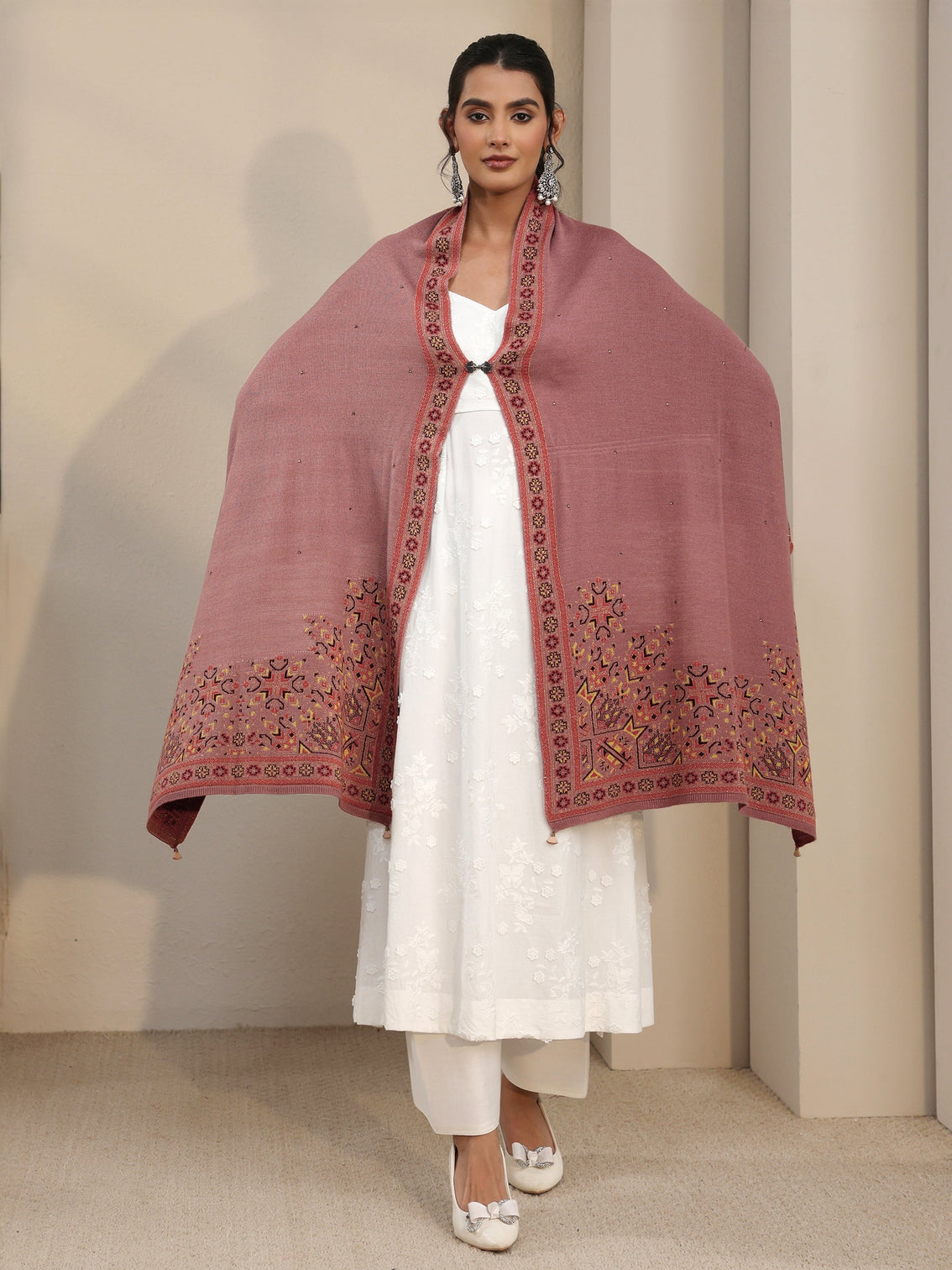 Mameraa Mauve Geometric Knitted Acrylic Wrap Shawl