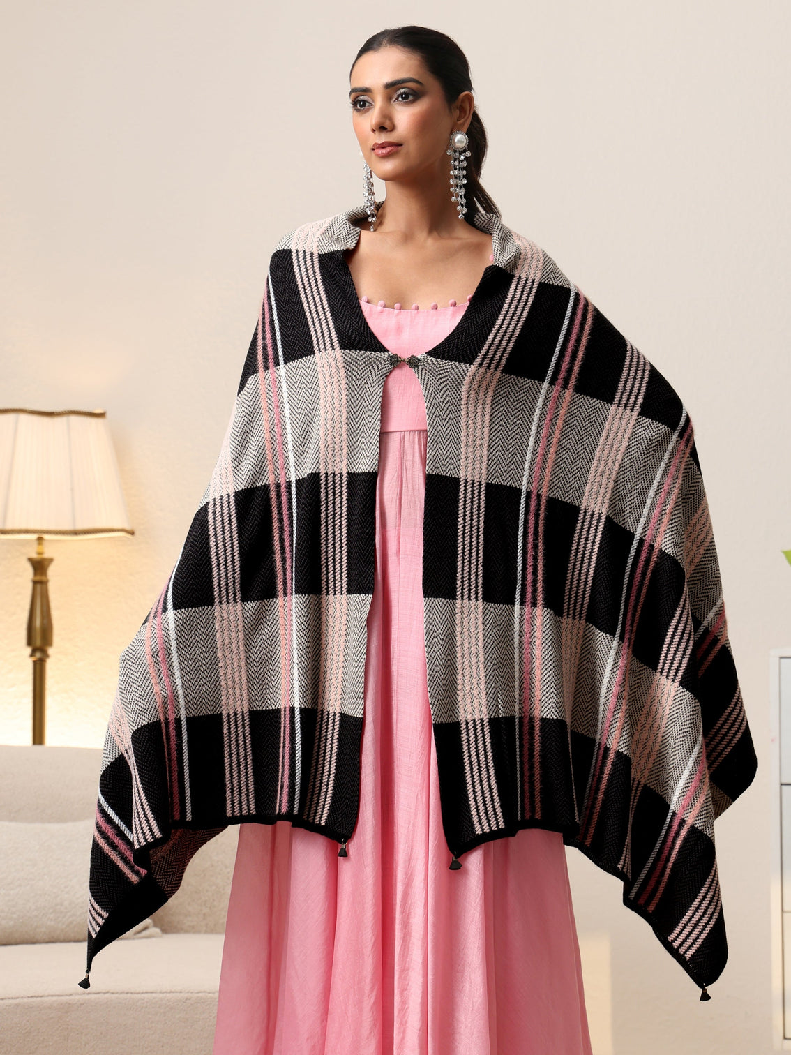 Mameraa Black Striped Knitted Acrylic Wrap Shawl