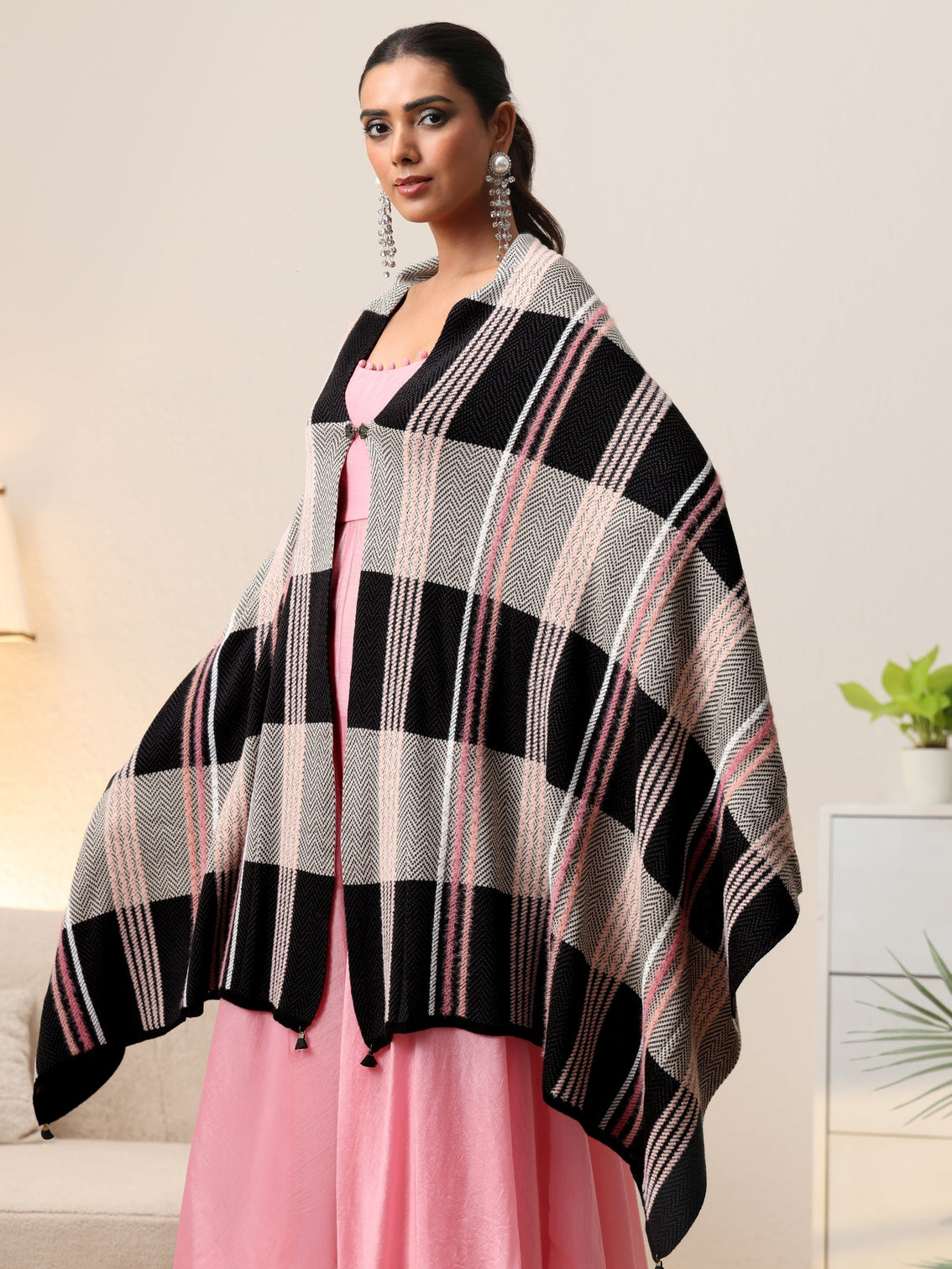 Mameraa Black Striped Knitted Acrylic Wrap Shawl
