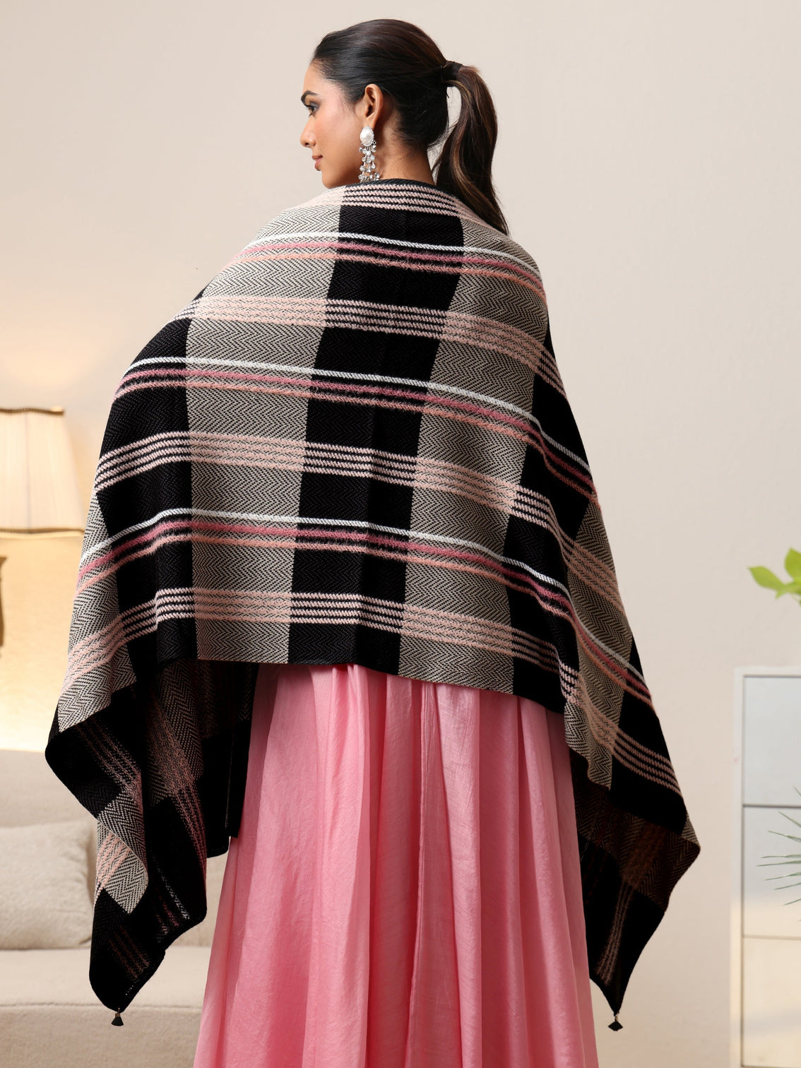 Mameraa Black Striped Knitted Acrylic Wrap Shawl