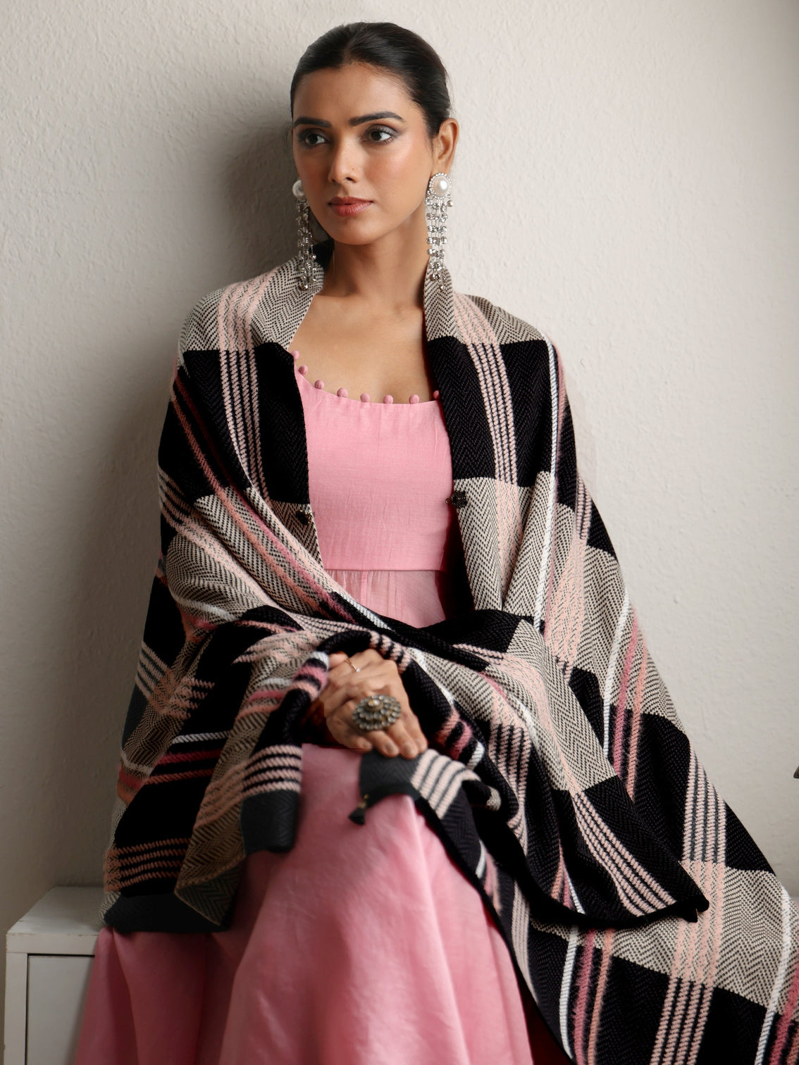 Mameraa Black Striped Knitted Acrylic Wrap Shawl