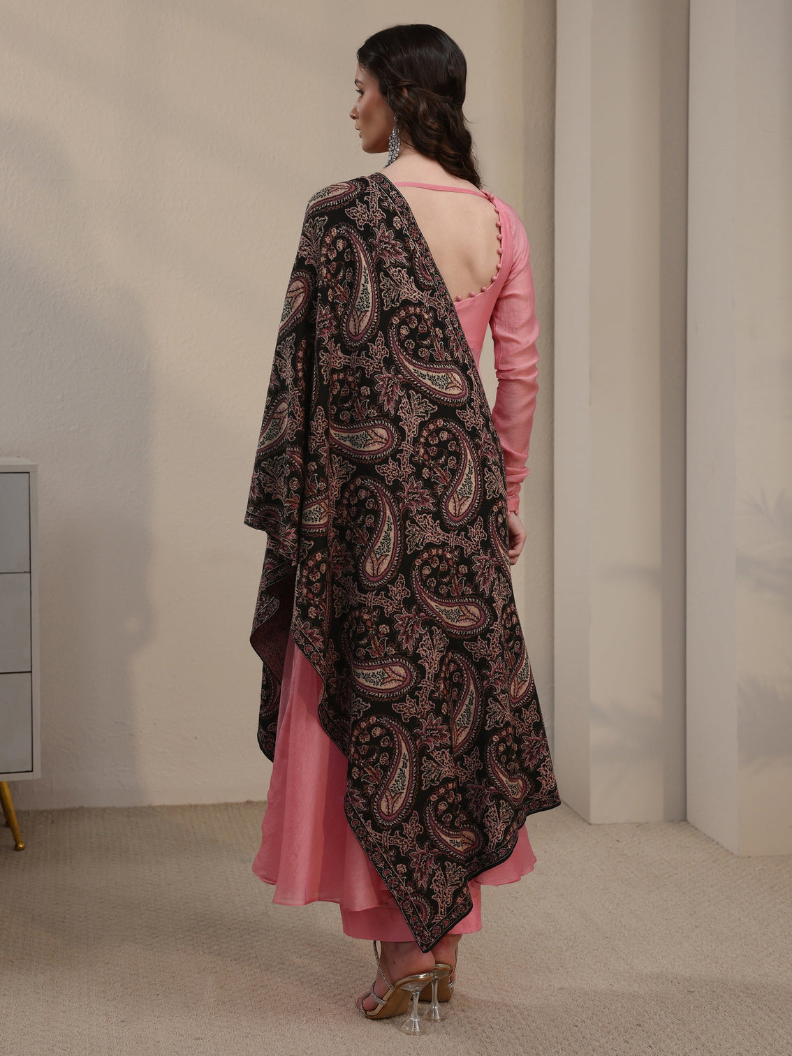 Mameraa Black Paisley Knitted Acrylic Shawl