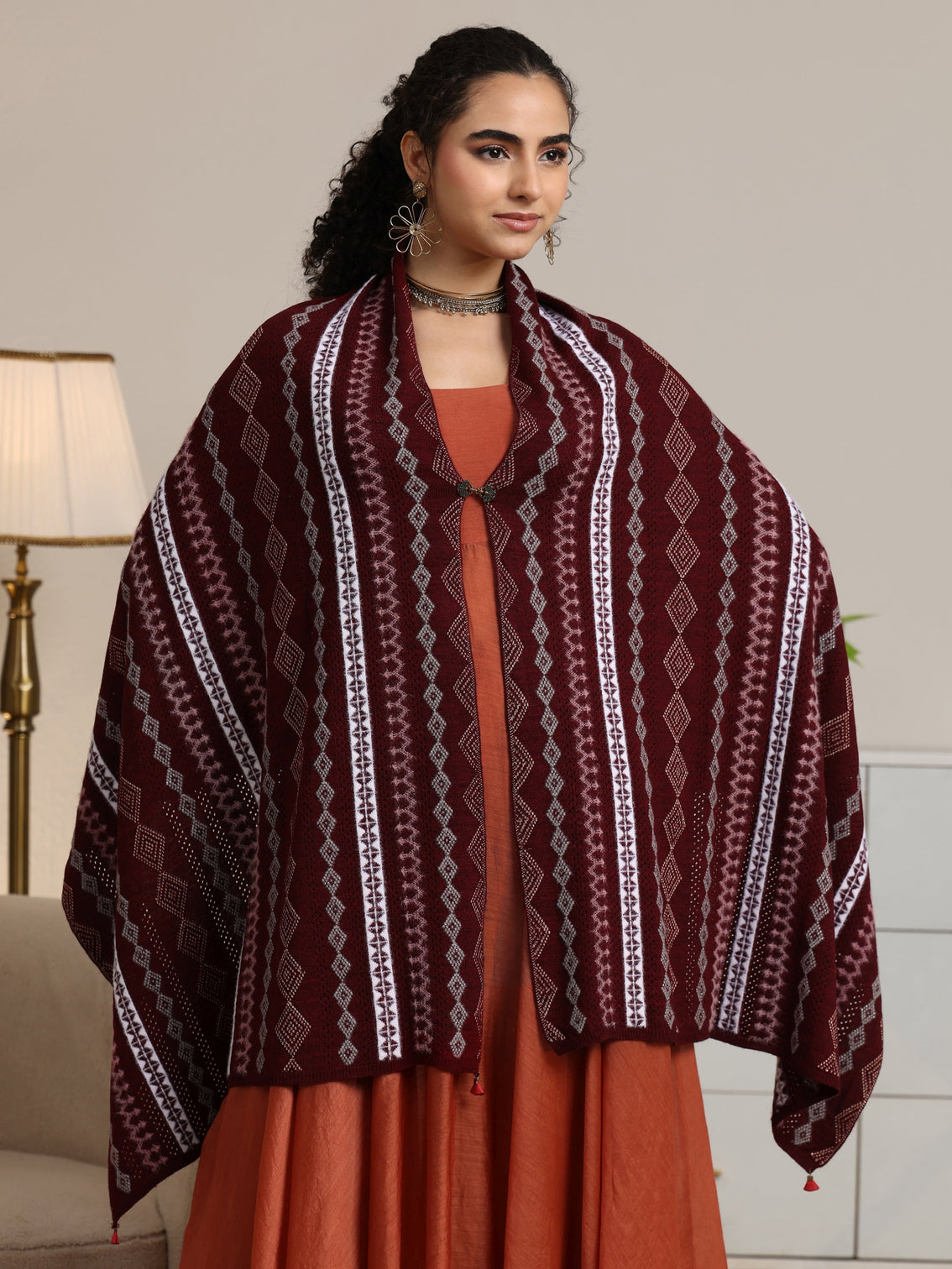 Mameraa Maroon Ethnic Knitted Acrylic Wrap Shawl