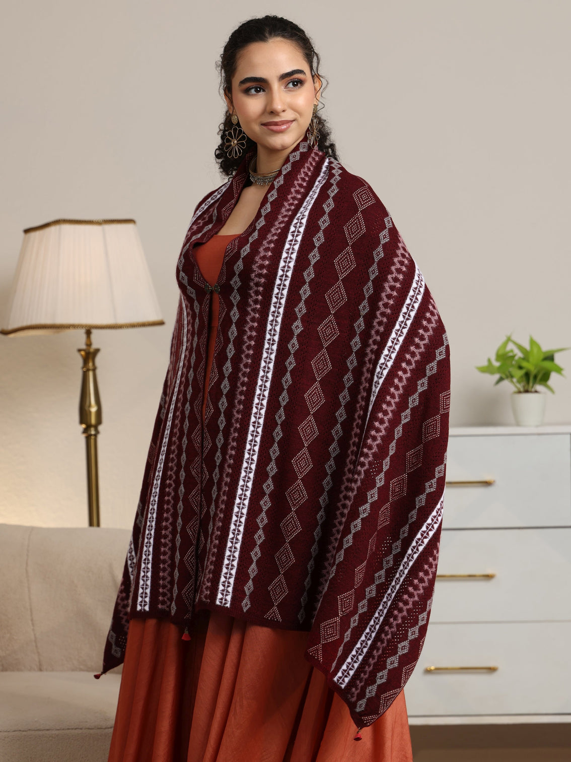 Mameraa Maroon Ethnic Knitted Acrylic Wrap Shawl