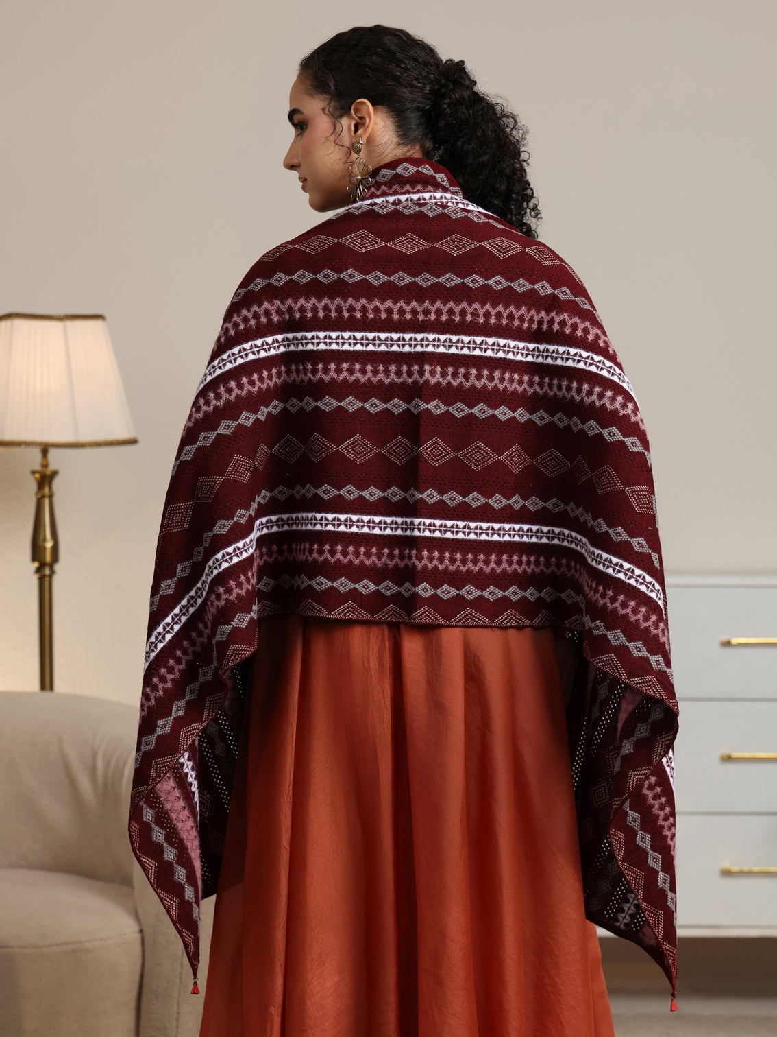 Mameraa Maroon Ethnic Knitted Acrylic Wrap Shawl