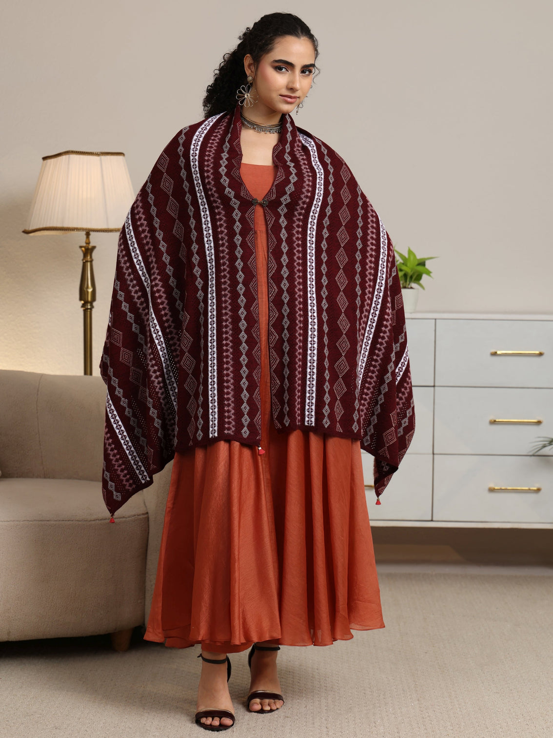 Mameraa Maroon Ethnic Knitted Acrylic Wrap Shawl