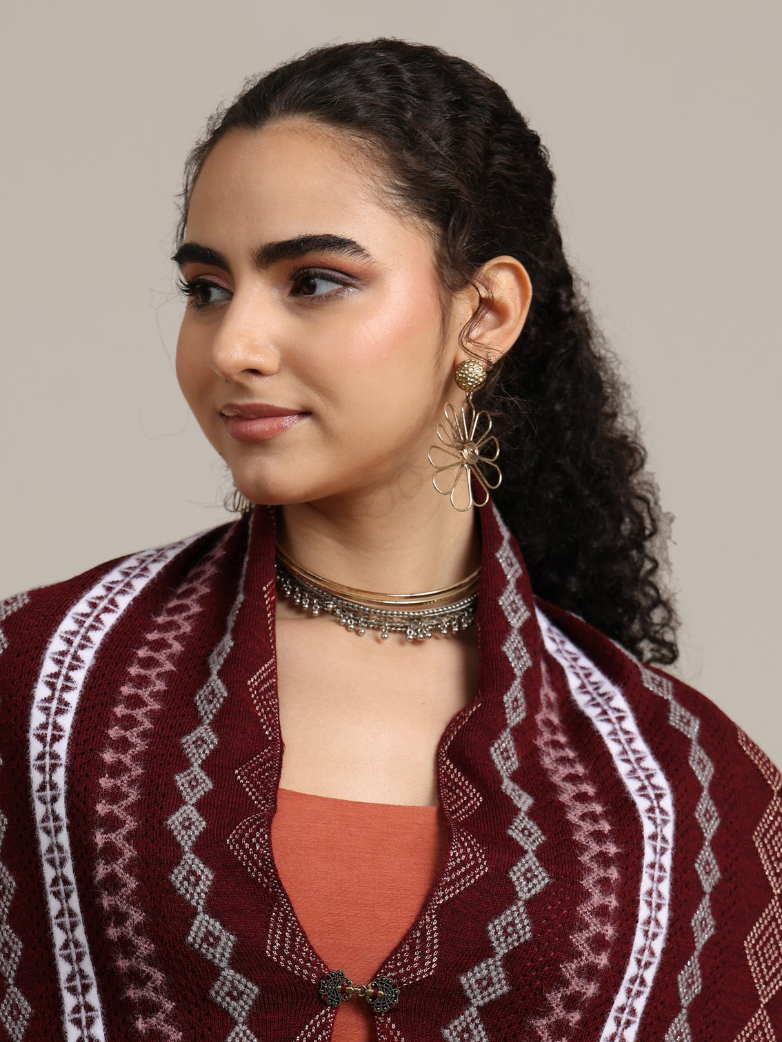 Mameraa Maroon Ethnic Knitted Acrylic Wrap Shawl