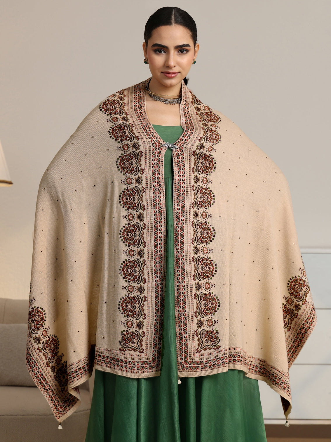 Mameraa Beige Ethnic Knitted Acrylic Wrap Shawl