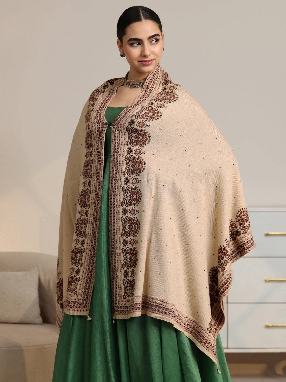 Mameraa Beige Ethnic Knitted Acrylic Wrap Shawl