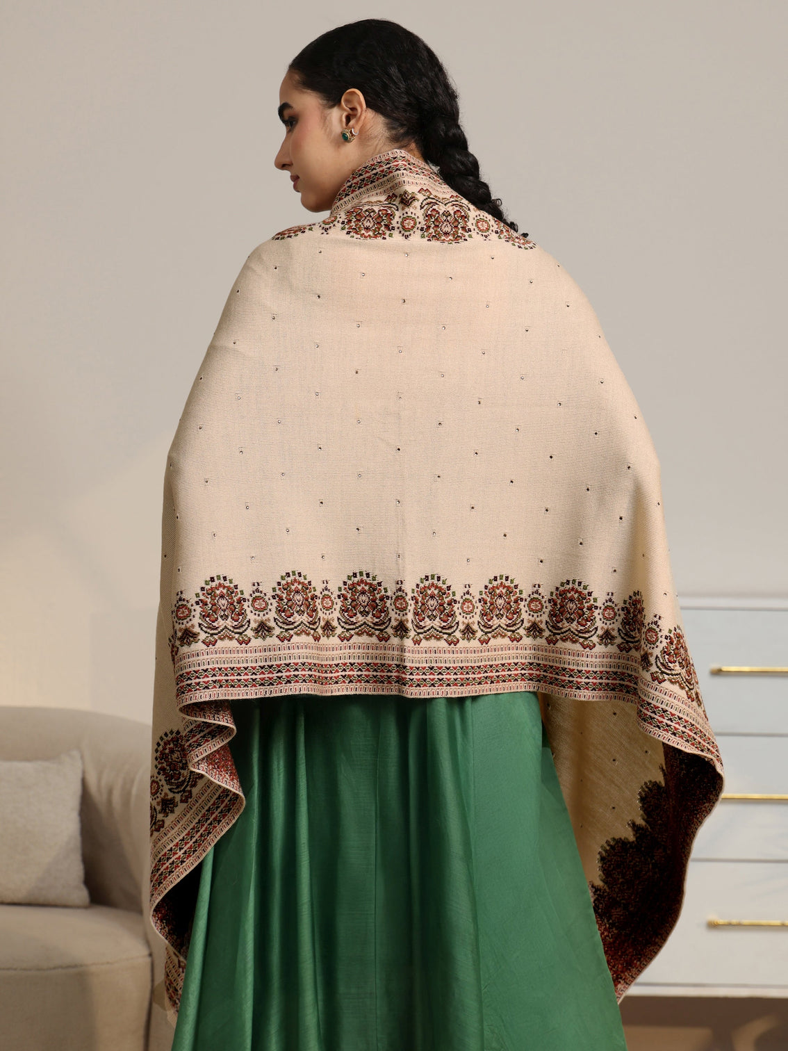 Mameraa Beige Ethnic Knitted Acrylic Wrap Shawl