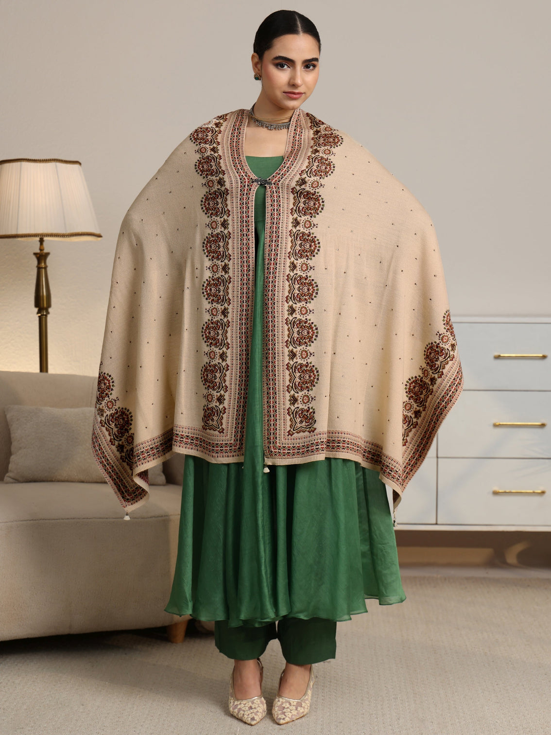 Mameraa Beige Ethnic Knitted Acrylic Wrap Shawl
