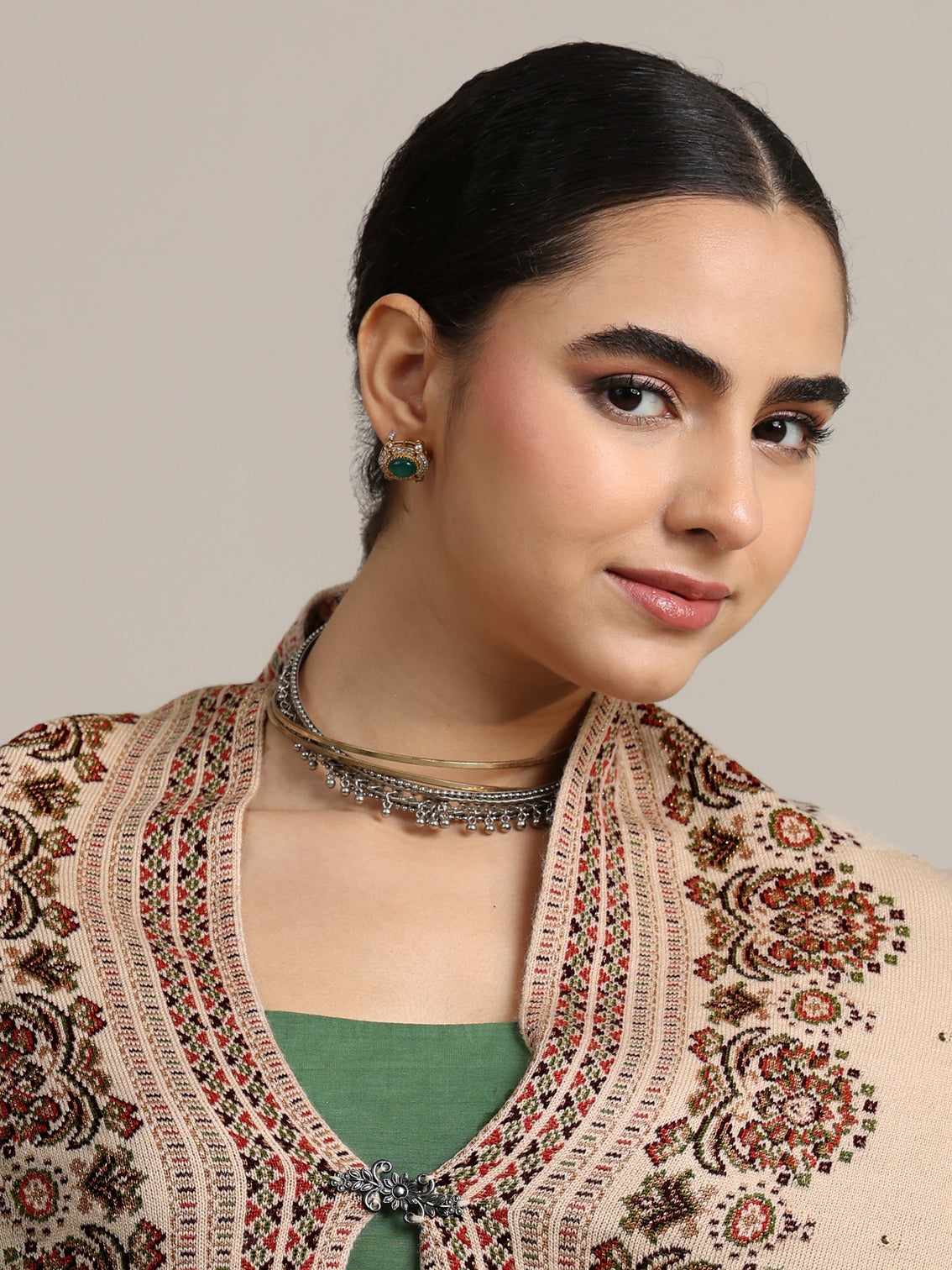 Mameraa Beige Ethnic Knitted Acrylic Wrap Shawl