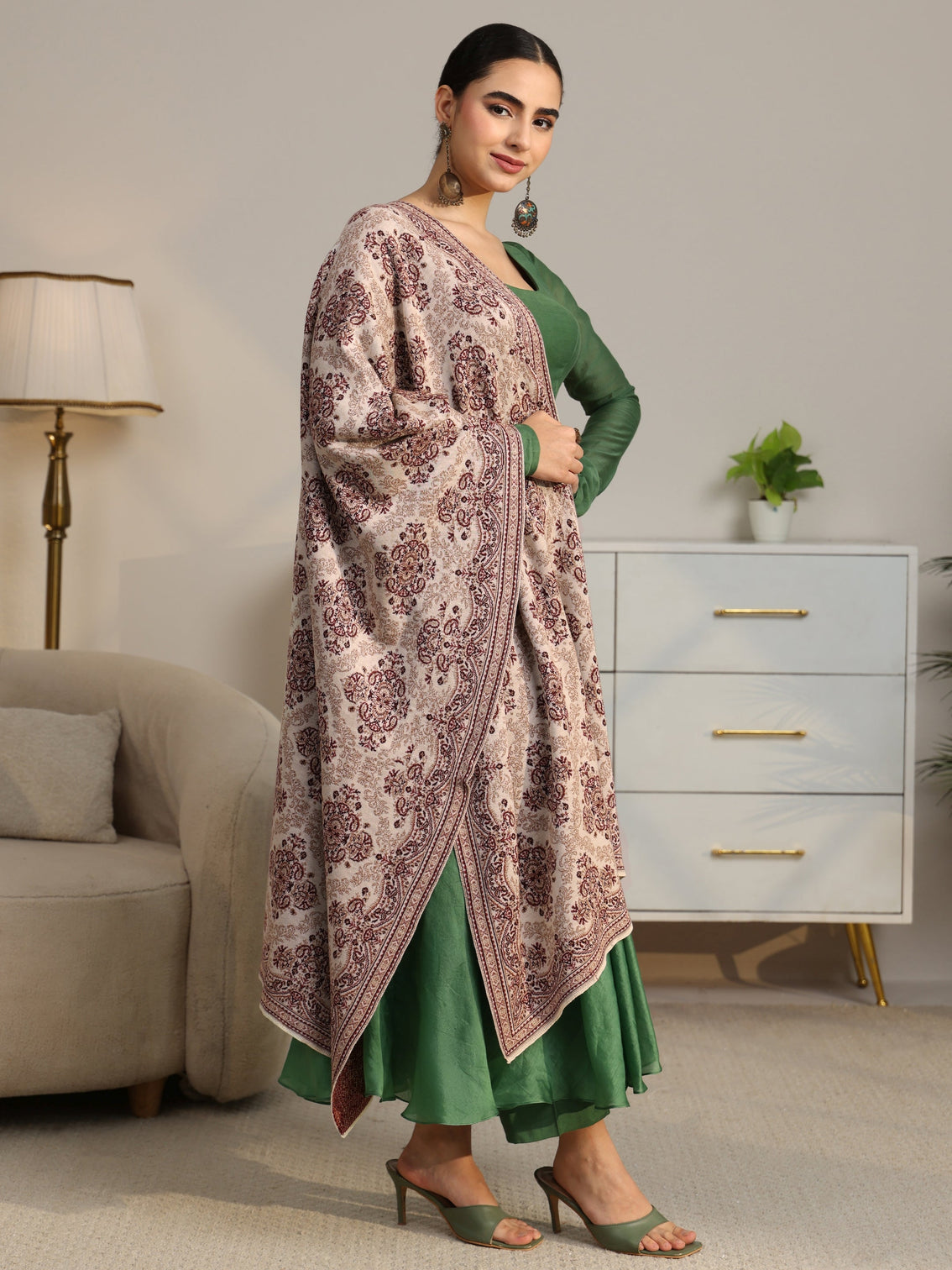 Mameraa Beige Ethnic Knitted Acrylic Shawl