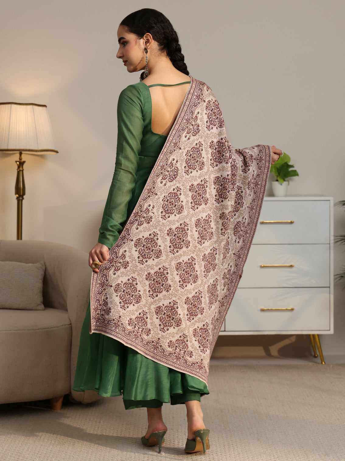 Mameraa Beige Ethnic Knitted Acrylic Shawl