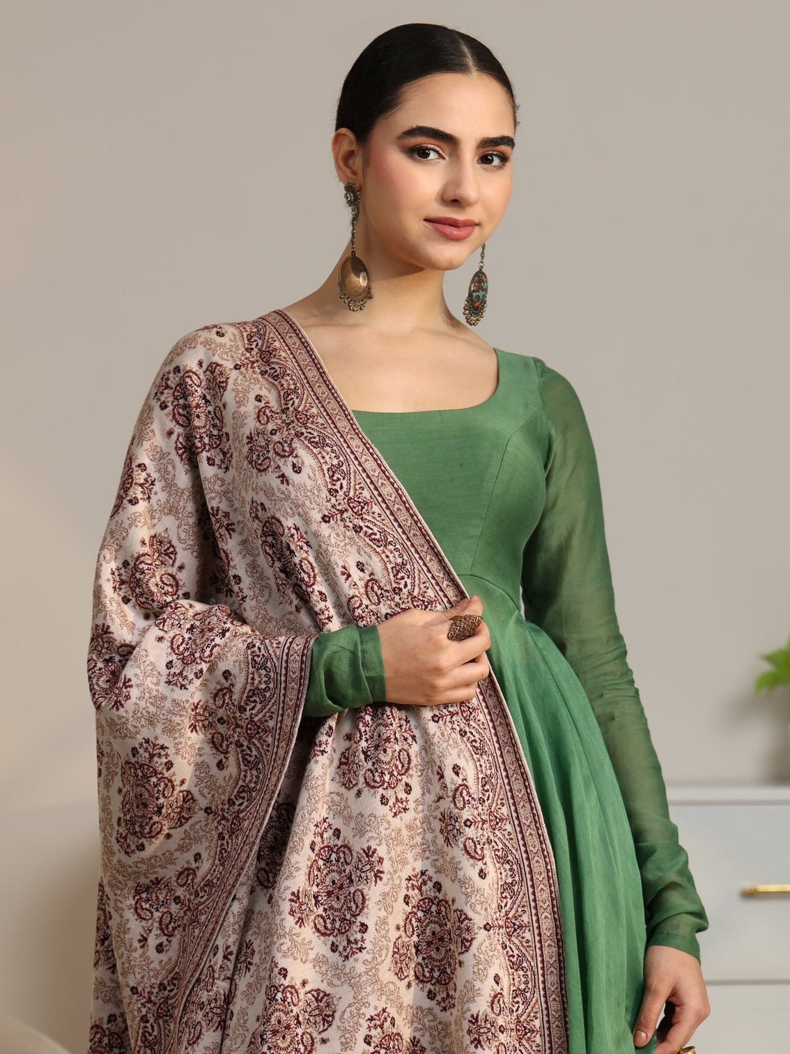 Mameraa Beige Ethnic Knitted Acrylic Shawl