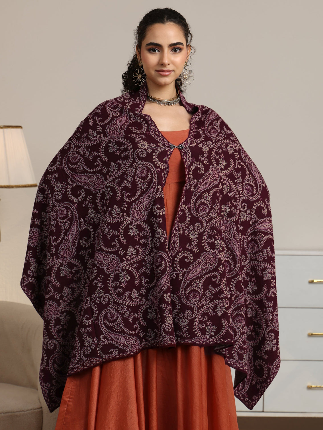 Mameraa Maroon Paisley Knitted Acrylic Wrap Shawl