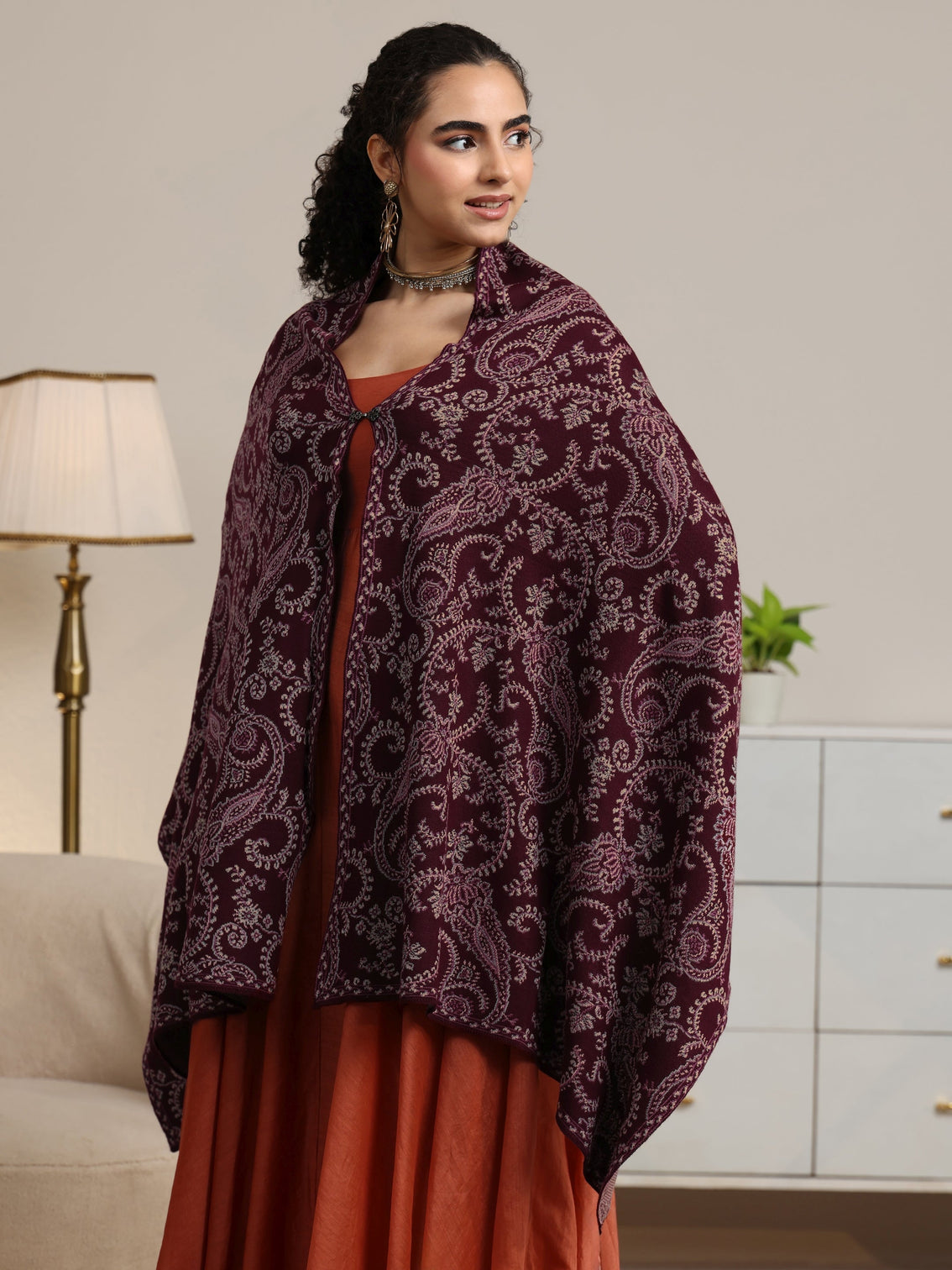 Mameraa Maroon Paisley Knitted Acrylic Wrap Shawl