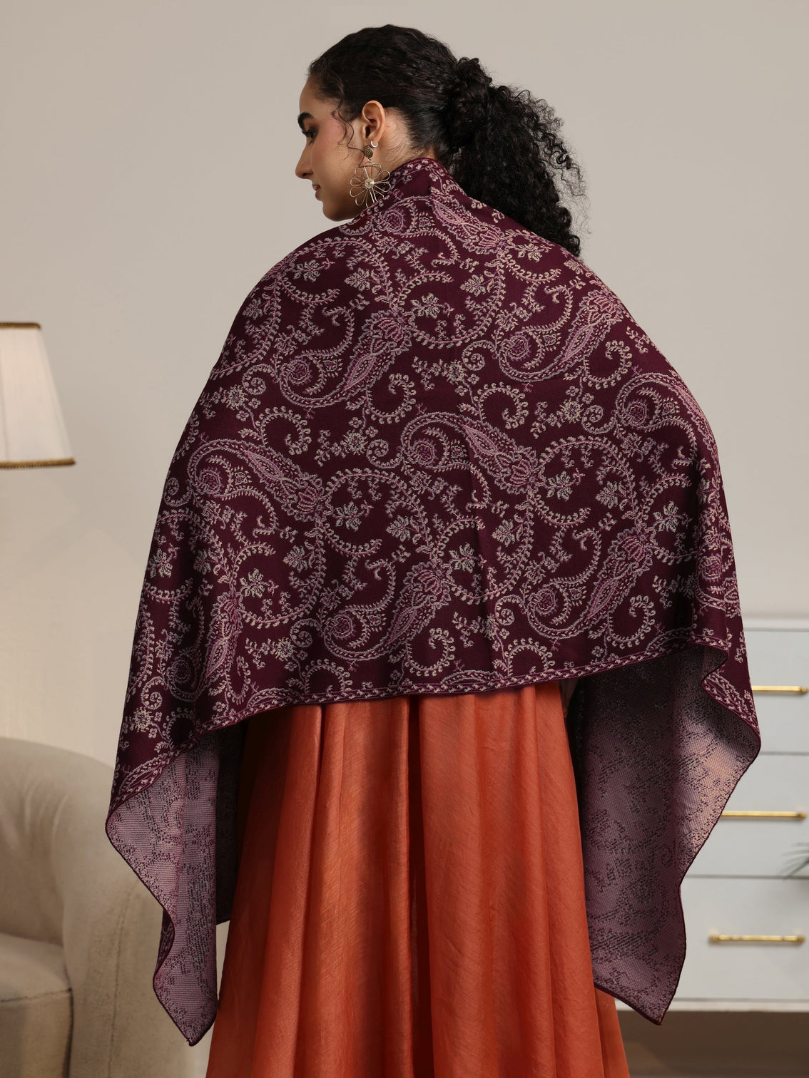 Mameraa Maroon Paisley Knitted Acrylic Wrap Shawl