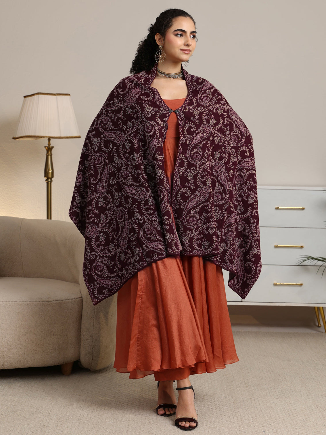 Mameraa Maroon Paisley Knitted Acrylic Wrap Shawl