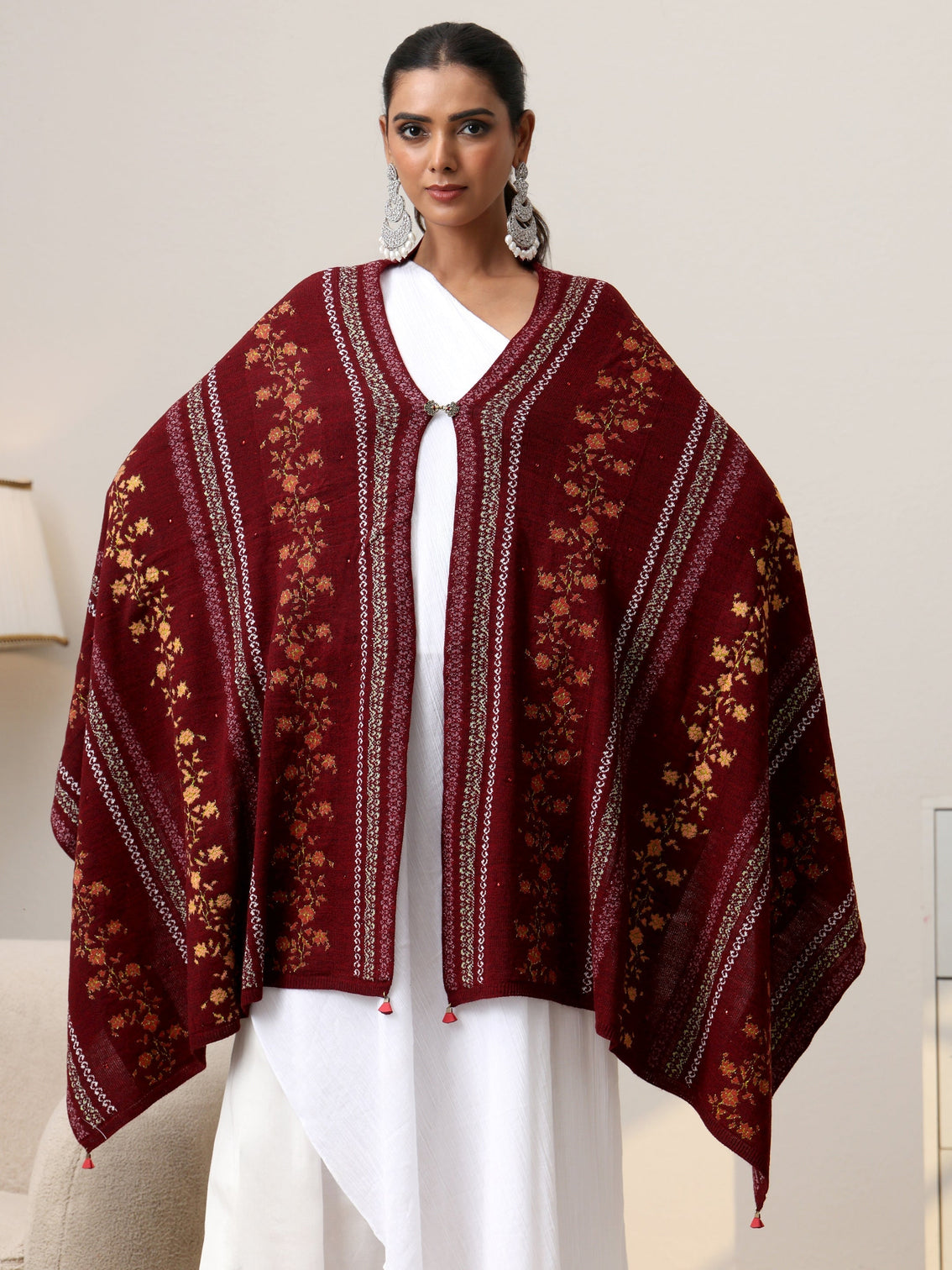 Mameraa Maroon Floral Knitted Acrylic Wrap Shawl