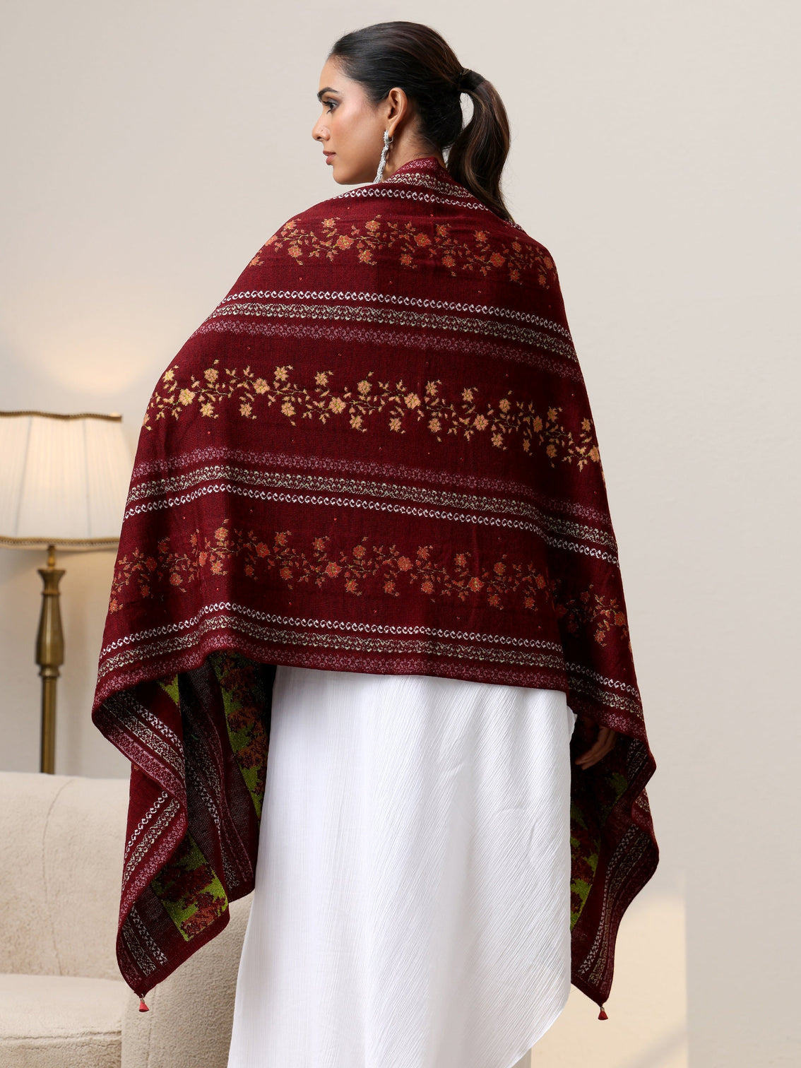Mameraa Maroon Floral Knitted Acrylic Wrap Shawl
